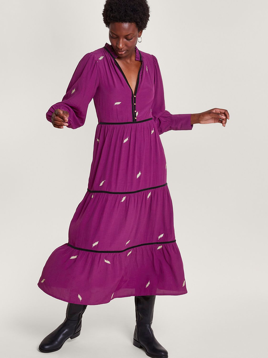 Monsoon Willa Embroidered Midi Shirt Dress, Purple