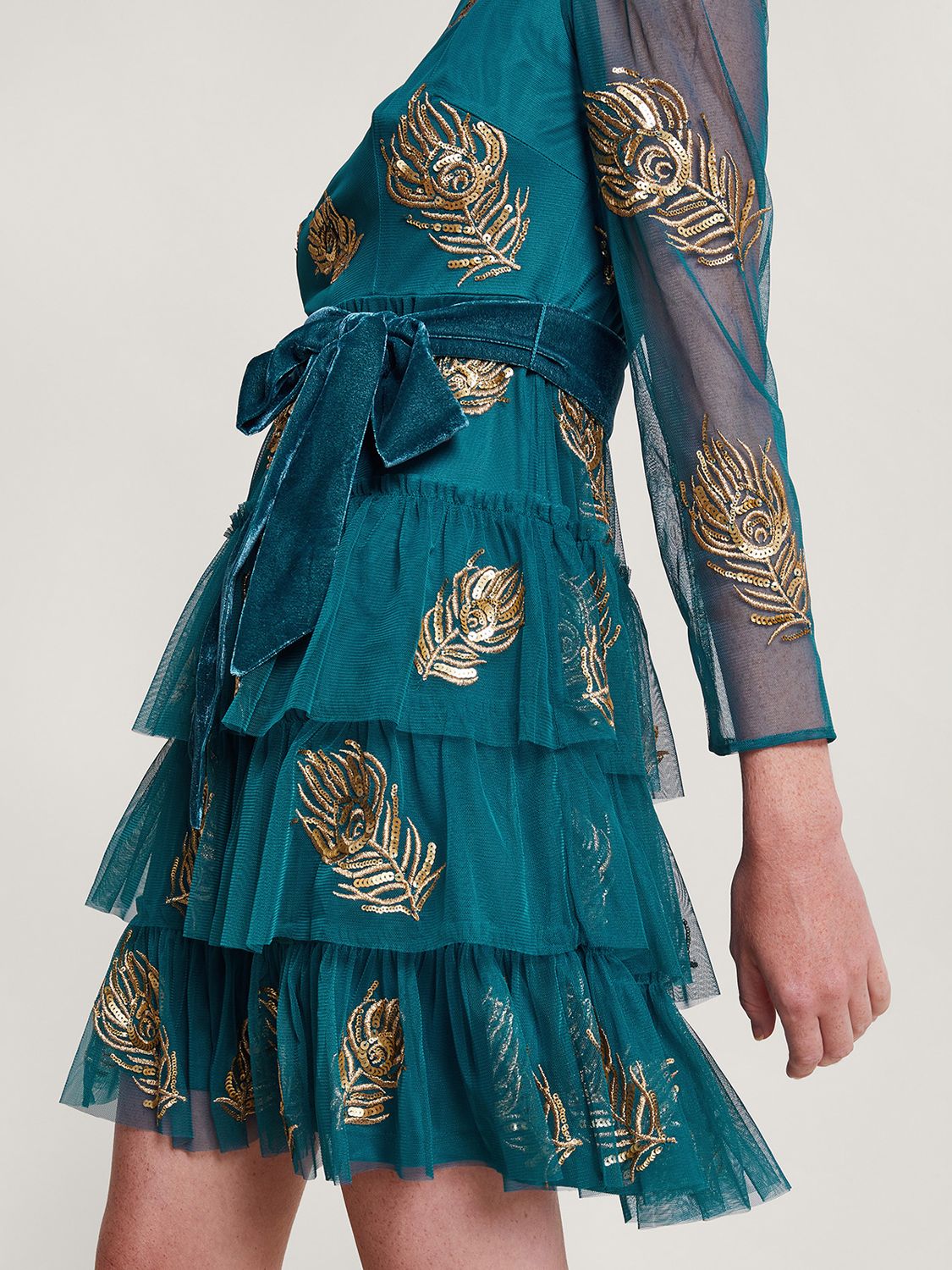 Monsoon Tally Embellished Tiered Dress, Teal at John Lewis & Partners