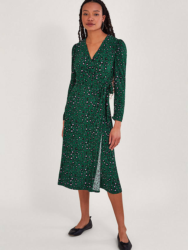 Monsoon Animal Print Midi Wrap Dress, Green/Multi at John Lewis & Partners