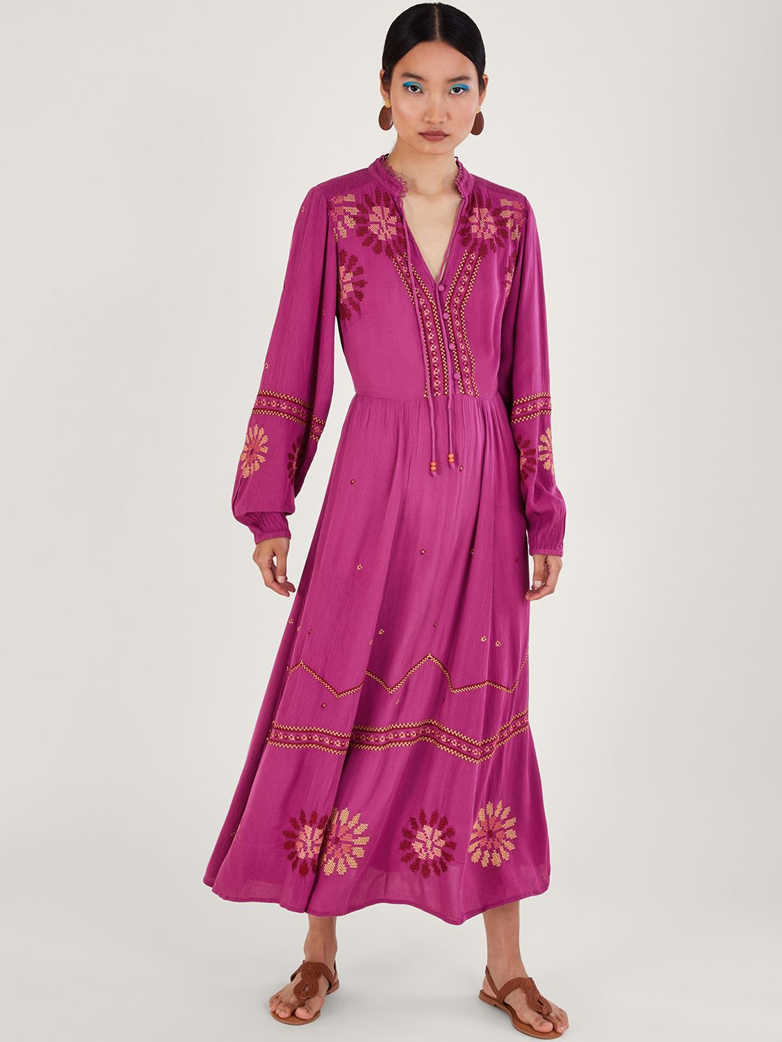 Monsoon Floral Stitch Maxi Dress, Pink at John Lewis & Partners