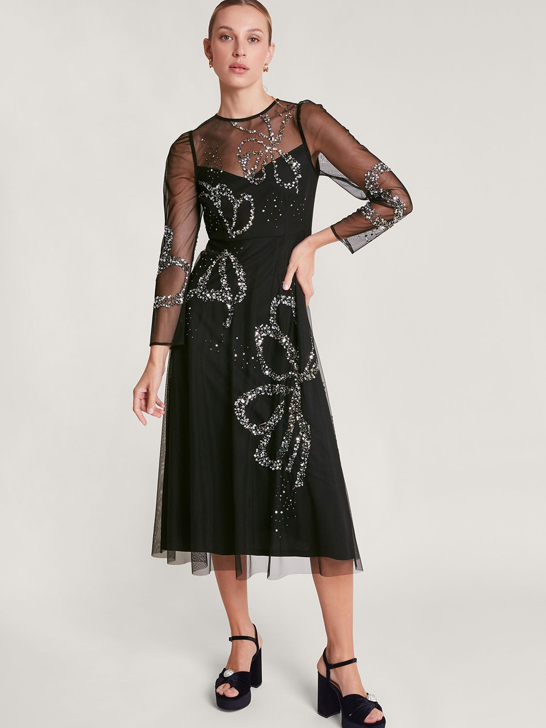Monsoon Sophie Bow Mesh Midi Dress, Black at John Lewis & Partners