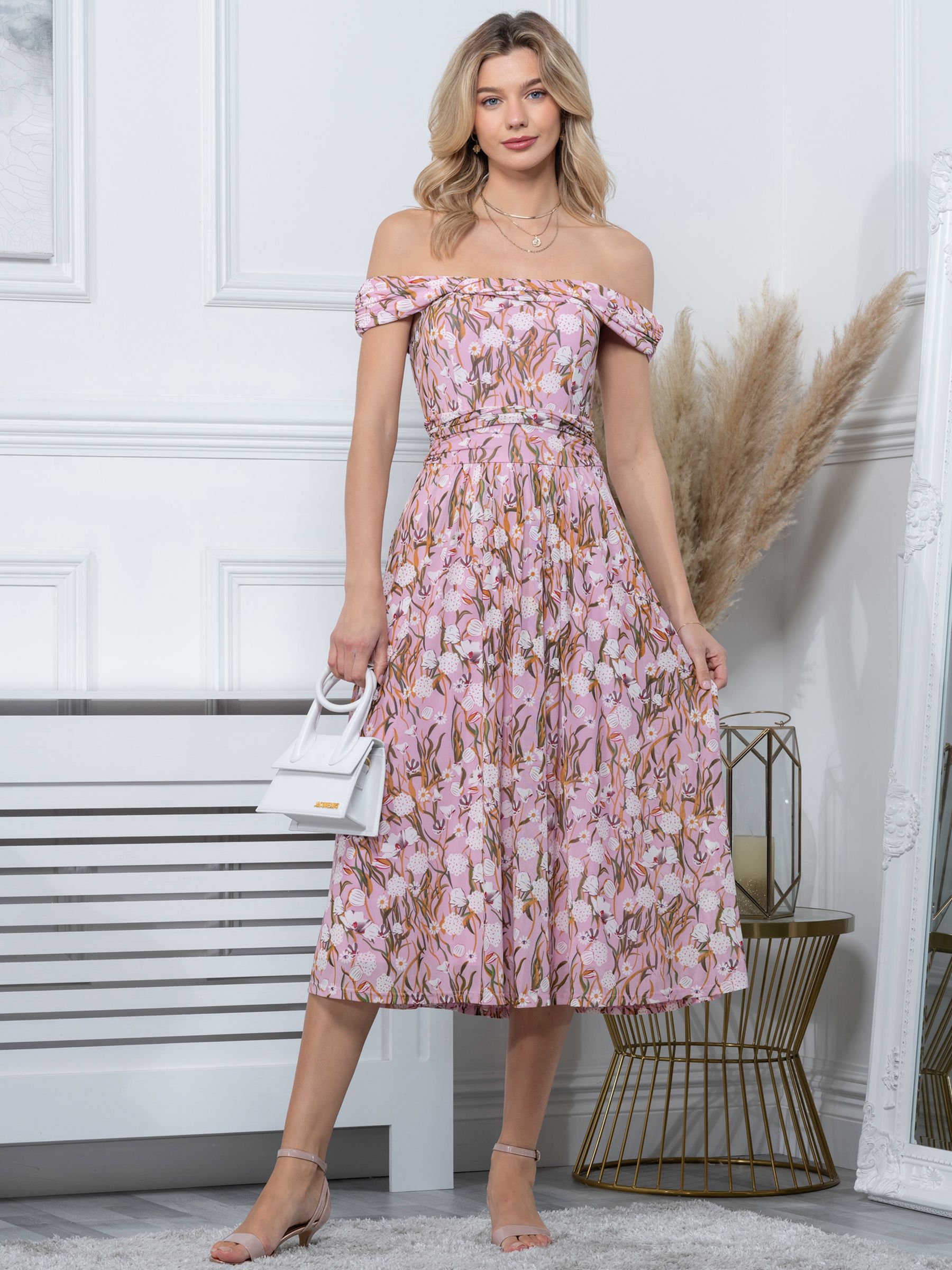 Jolie Moi Kiara Floral Print Bardot Mesh Midi Dress, Light Pink, 8