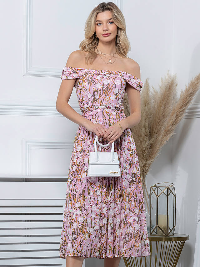 Jolie Moi Kiara Floral Print Bardot Mesh Midi Dress, Light Pink