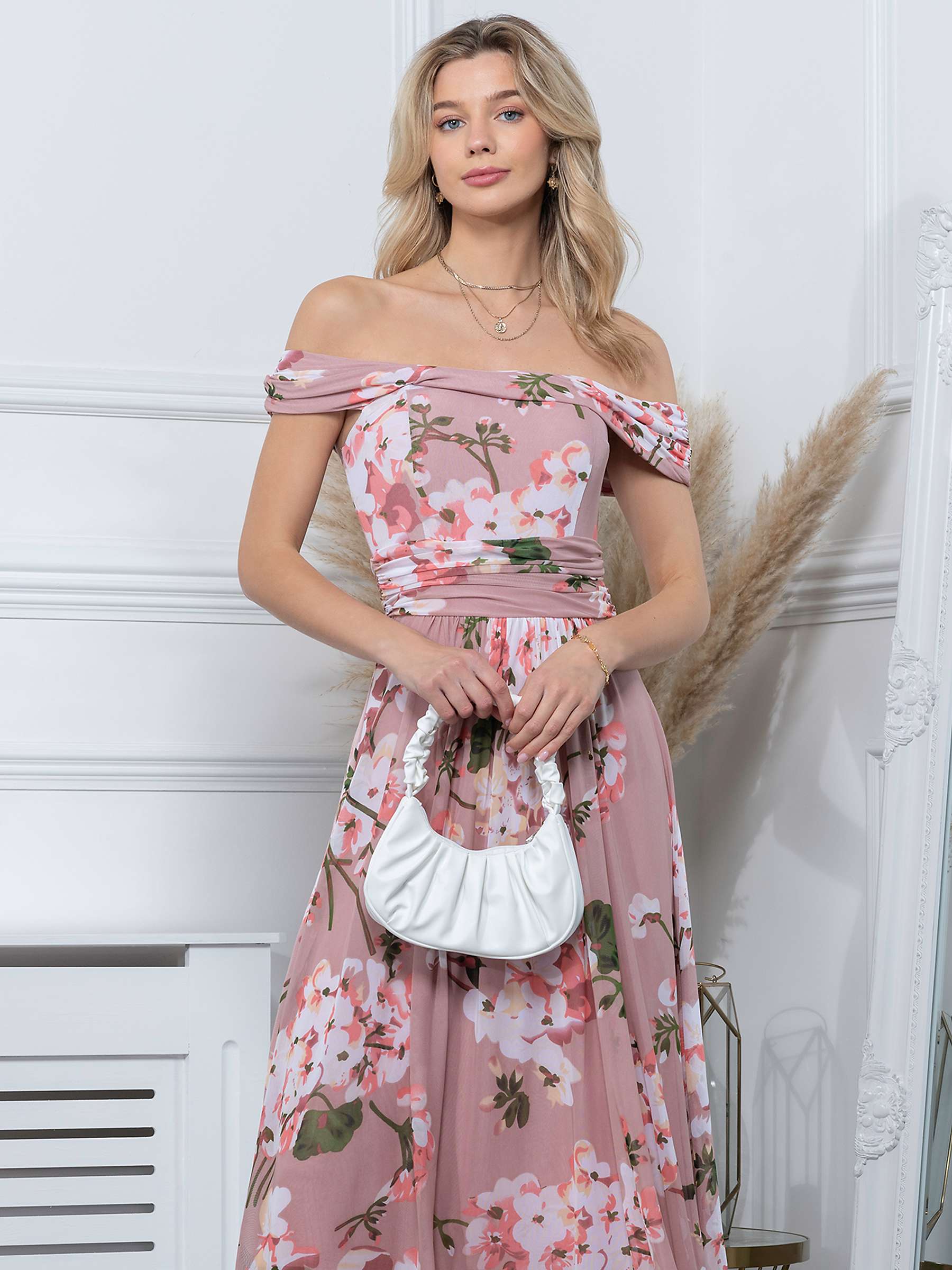 Buy Jolie Moi Paula Bardot Floral Print Midi Dress, Dusty Pink Online at johnlewis.com