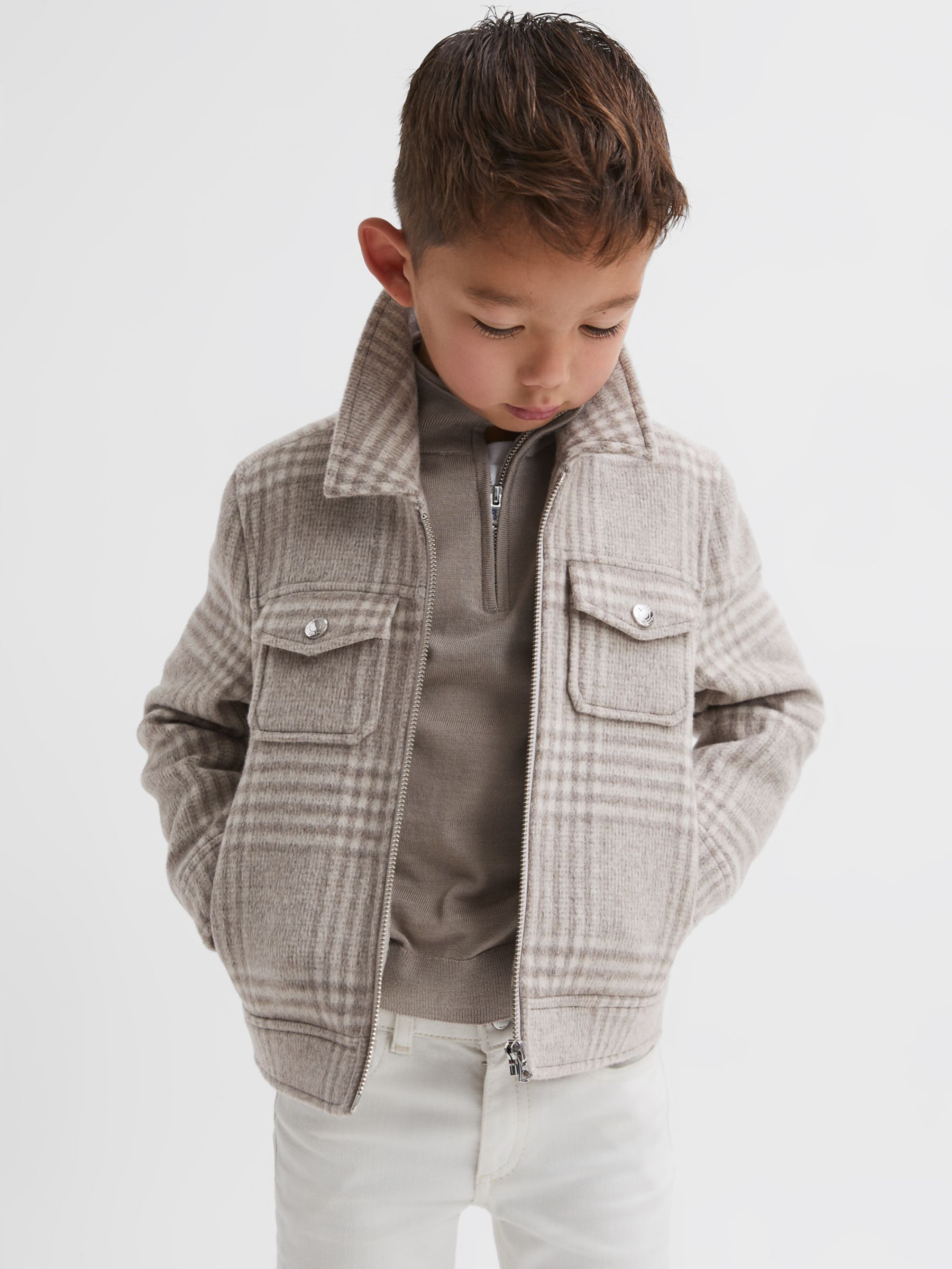 Reiss Kids' Peridoe Check Wool Blend Zip Through Jacket, Oatmeal