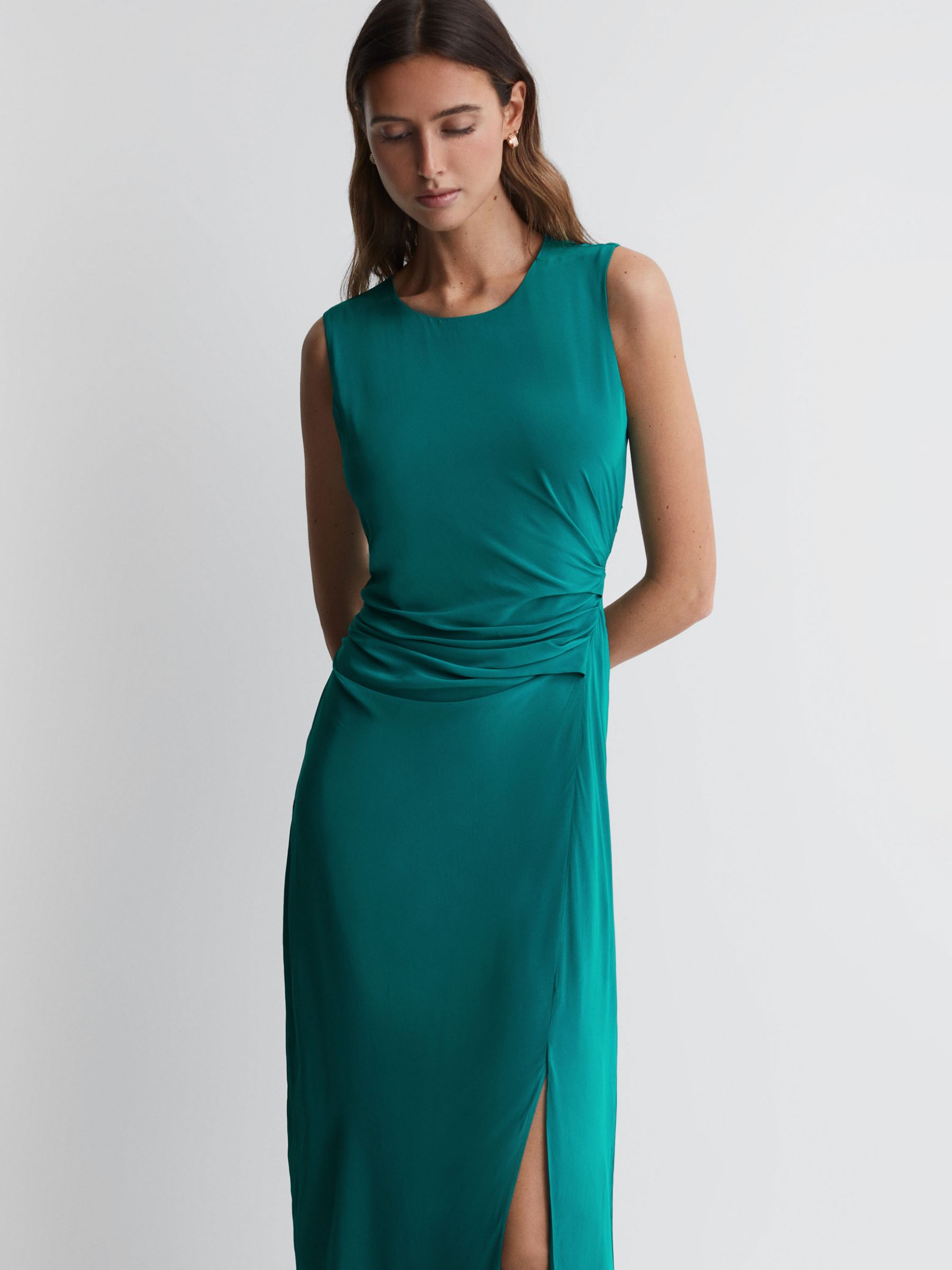 Reiss Lexi Ruched Waist Midi Dress, Green at John Lewis & Partners