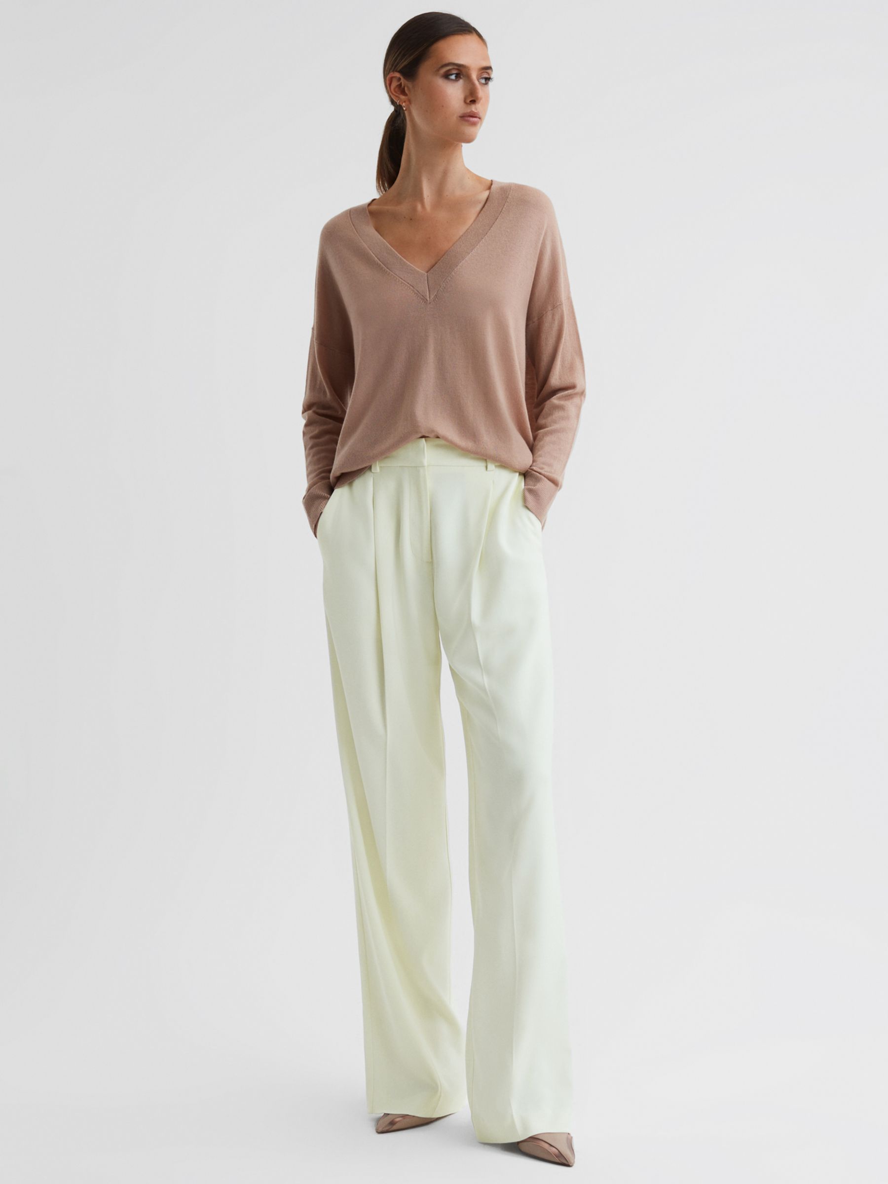 Reiss Liana Pleat Tailored Trousers, Pale Yellow at John Lewis & Partners