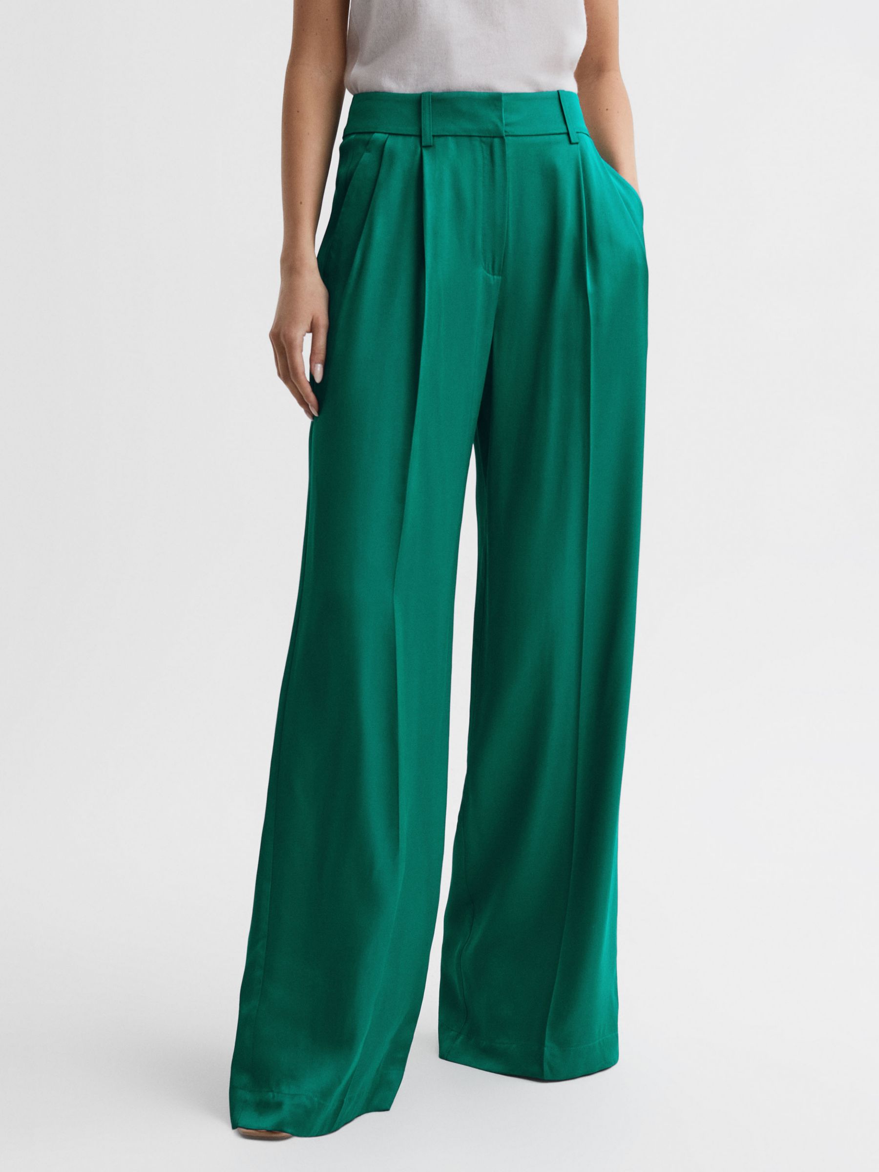 Reiss Rina Pleat Front Wide Leg Trousers, Green at John Lewis & Partners