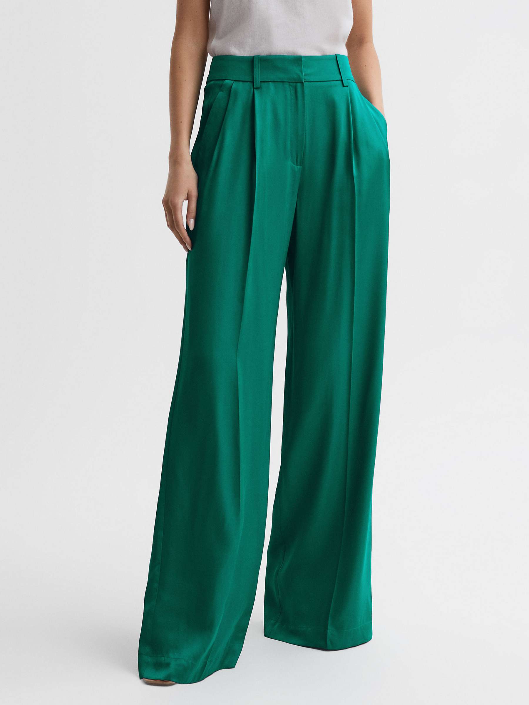 Reiss Rina Pleat Front Wide Leg Trousers, Green at John Lewis & Partners