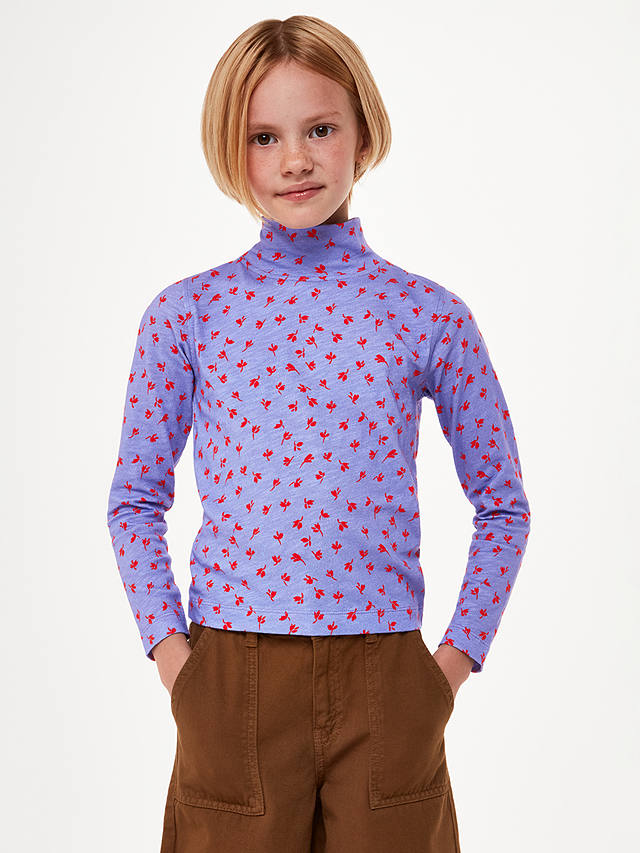 Whistles Kids' Scattered Petal Print Funnel Neck Top, Purple/Red
