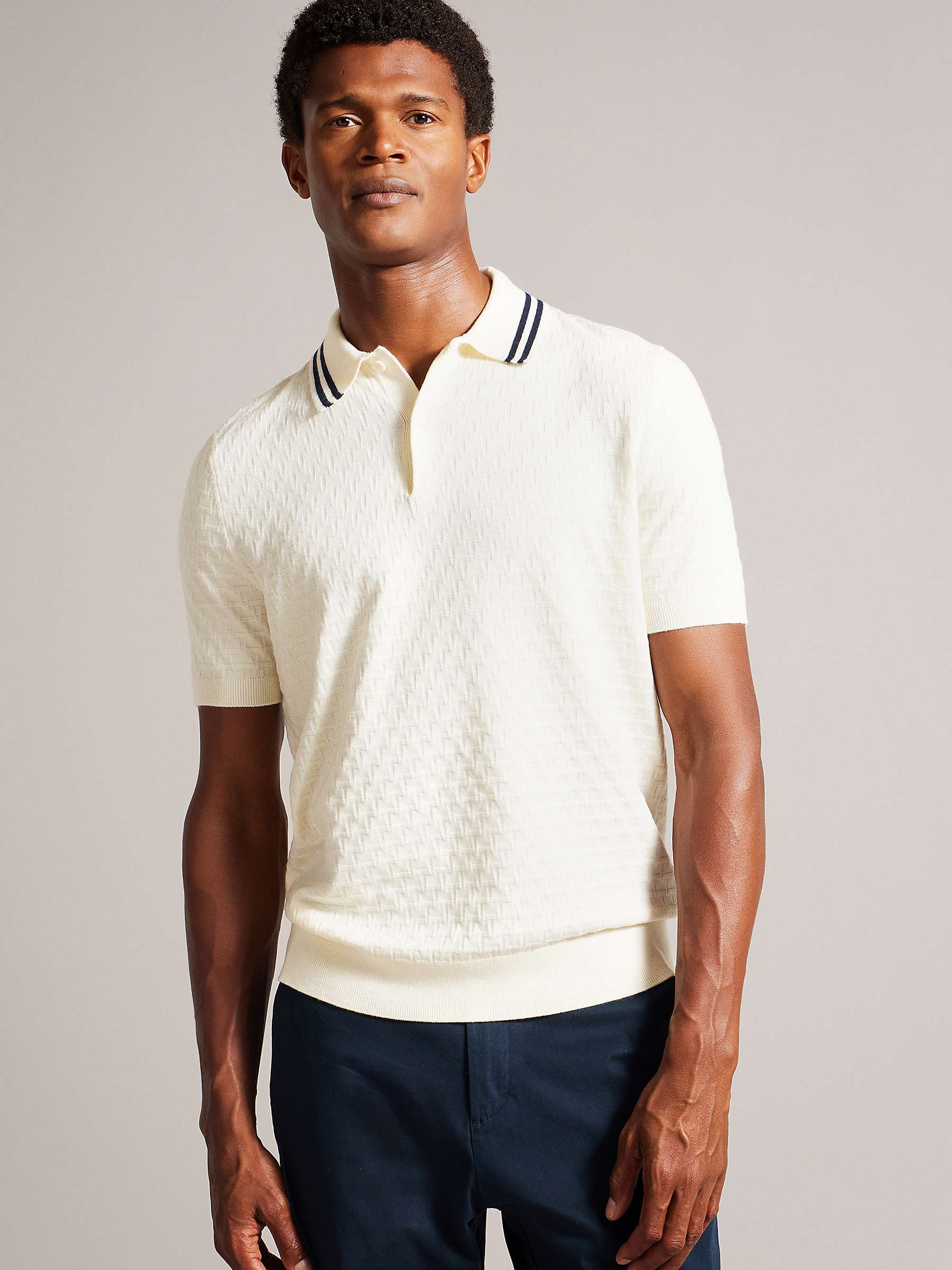 Ted Baker Mahana Textured Knit Polo Shirt, Natural at John Lewis & Partners