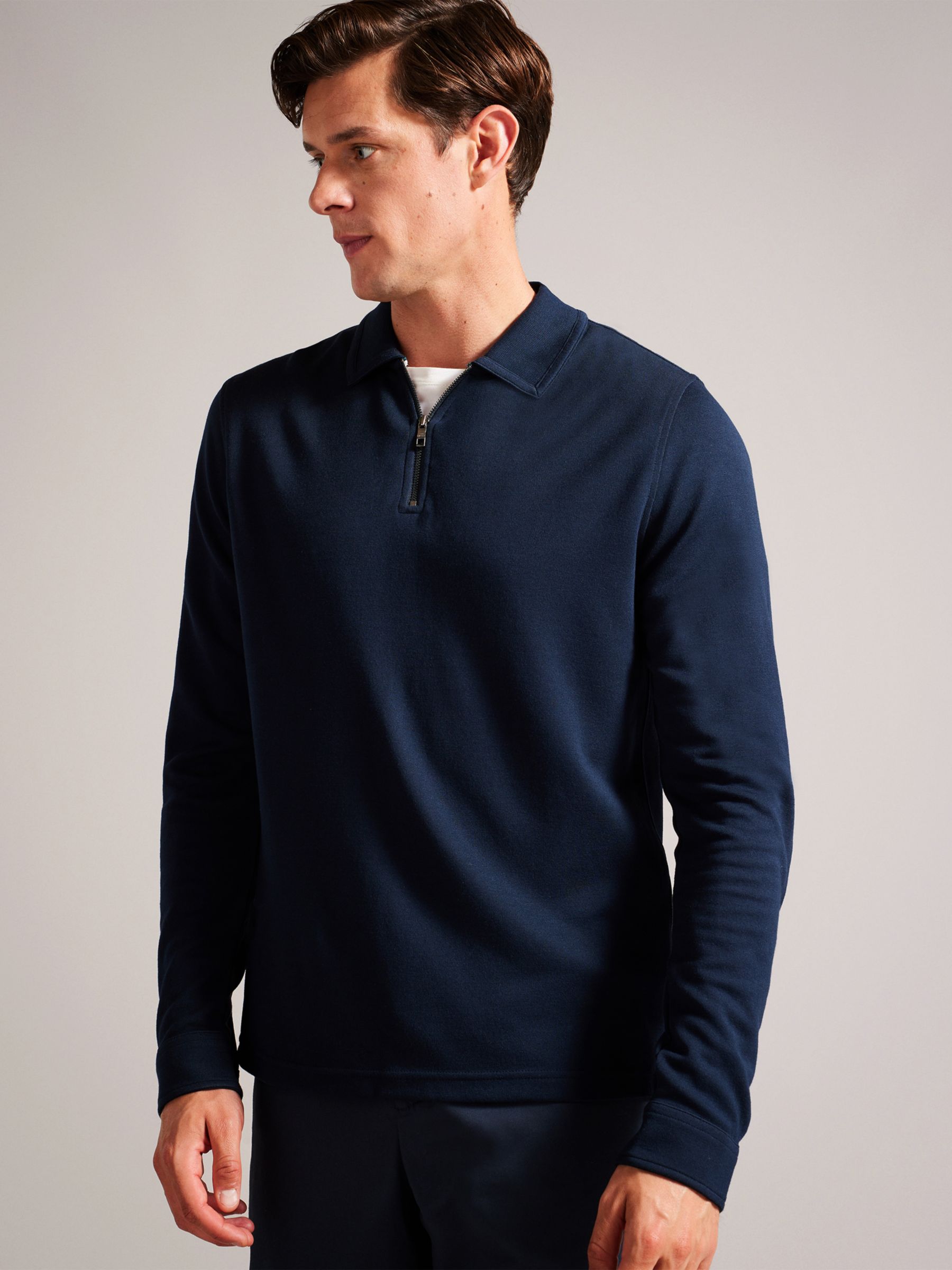 Ted Baker Karpol Long Sleeve Soft Touch Polo Top, Blue Navy, S