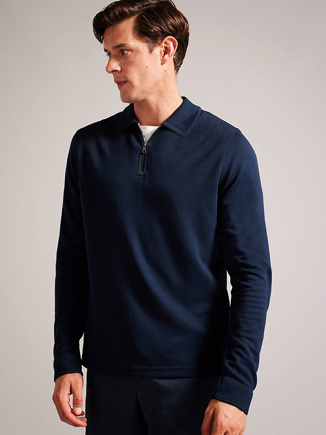 Ted Baker Karpol Long Sleeve Soft Touch Polo Top, Blue Navy