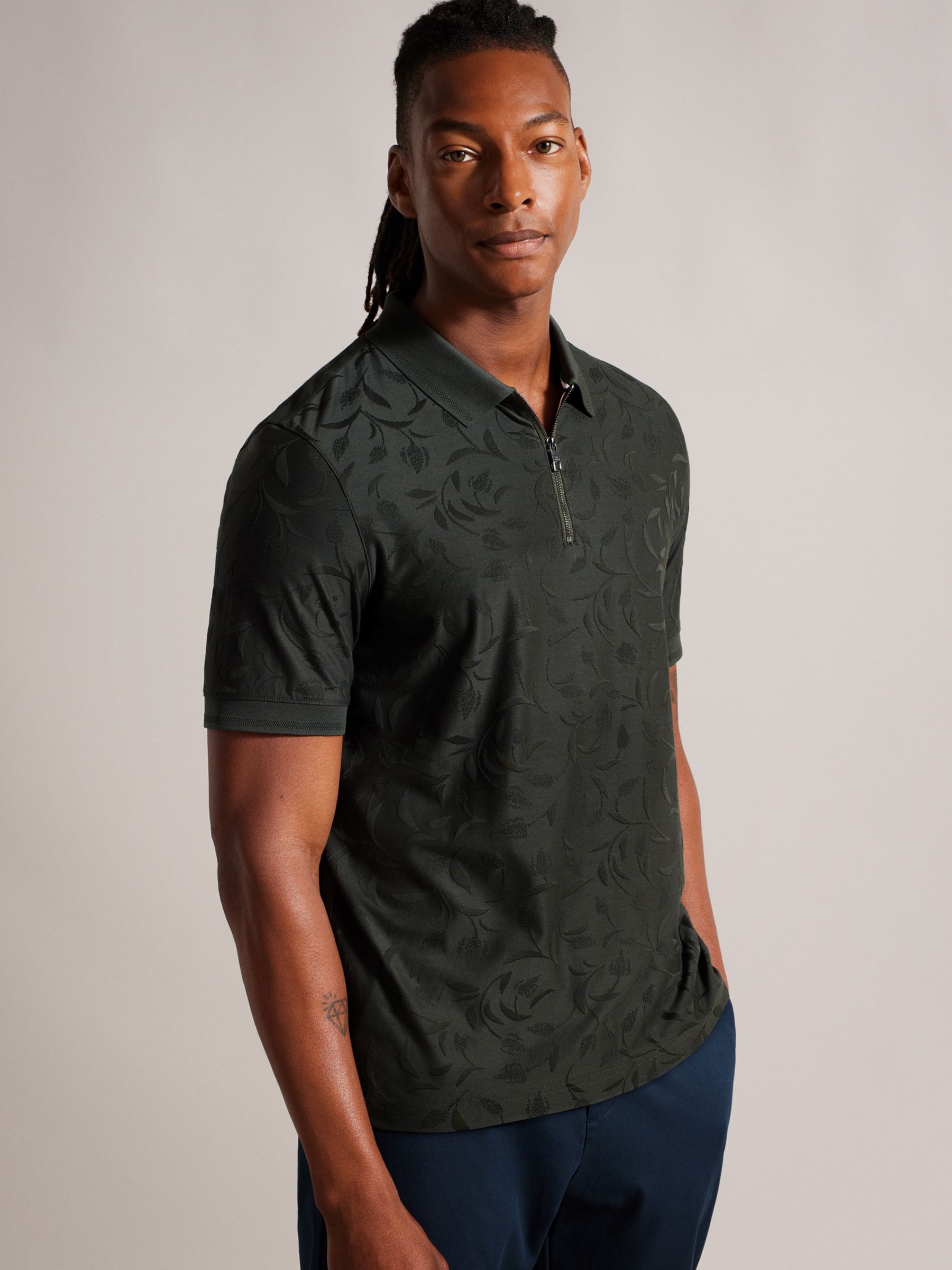 Buy Ted Baker Short Sleeve Regular Textured Zip Polo Shirt, Dark Green Online at johnlewis.com