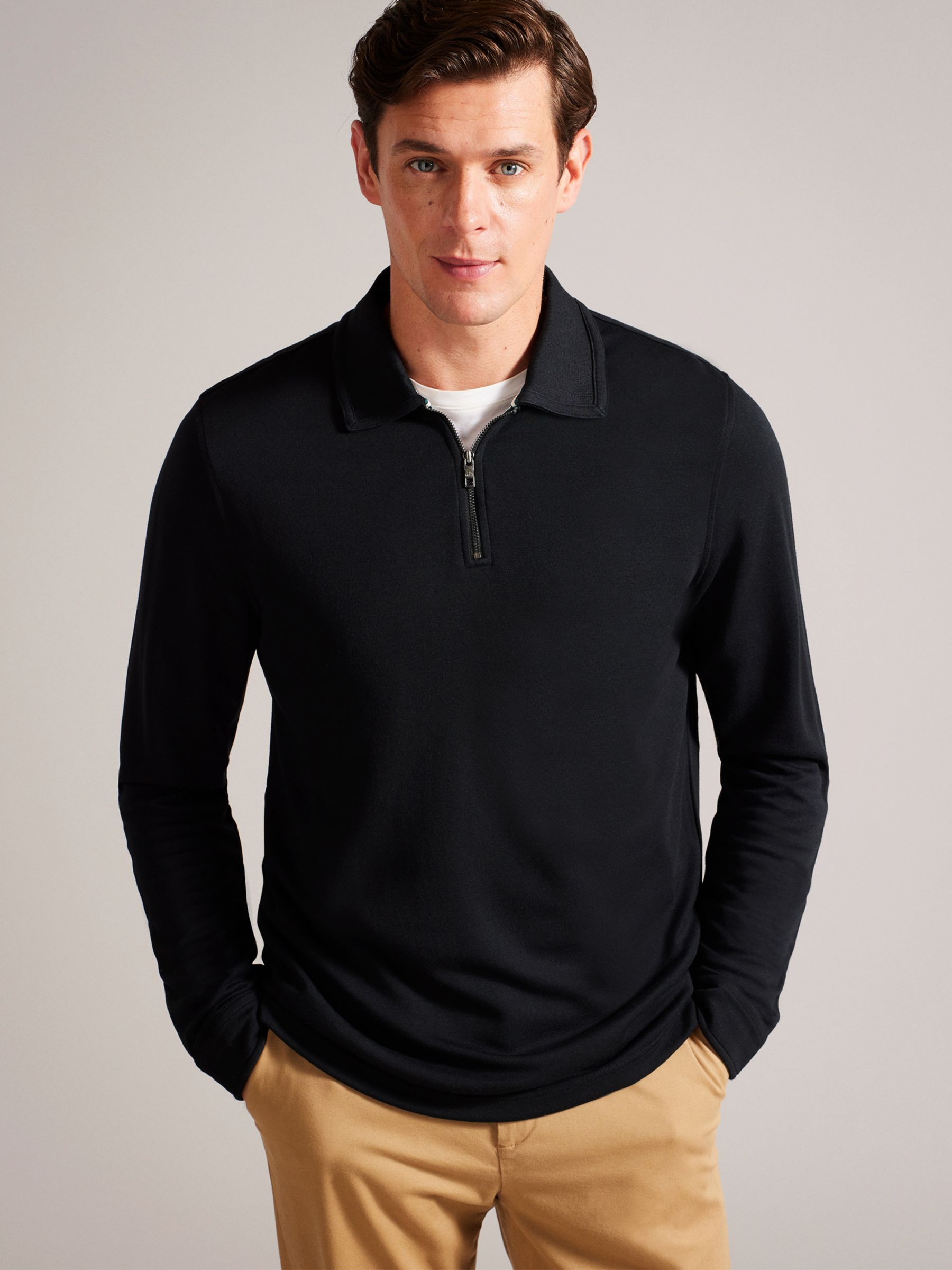 Ted Baker Karpol Long Sleeve Soft Touch Polo Top, Black, S
