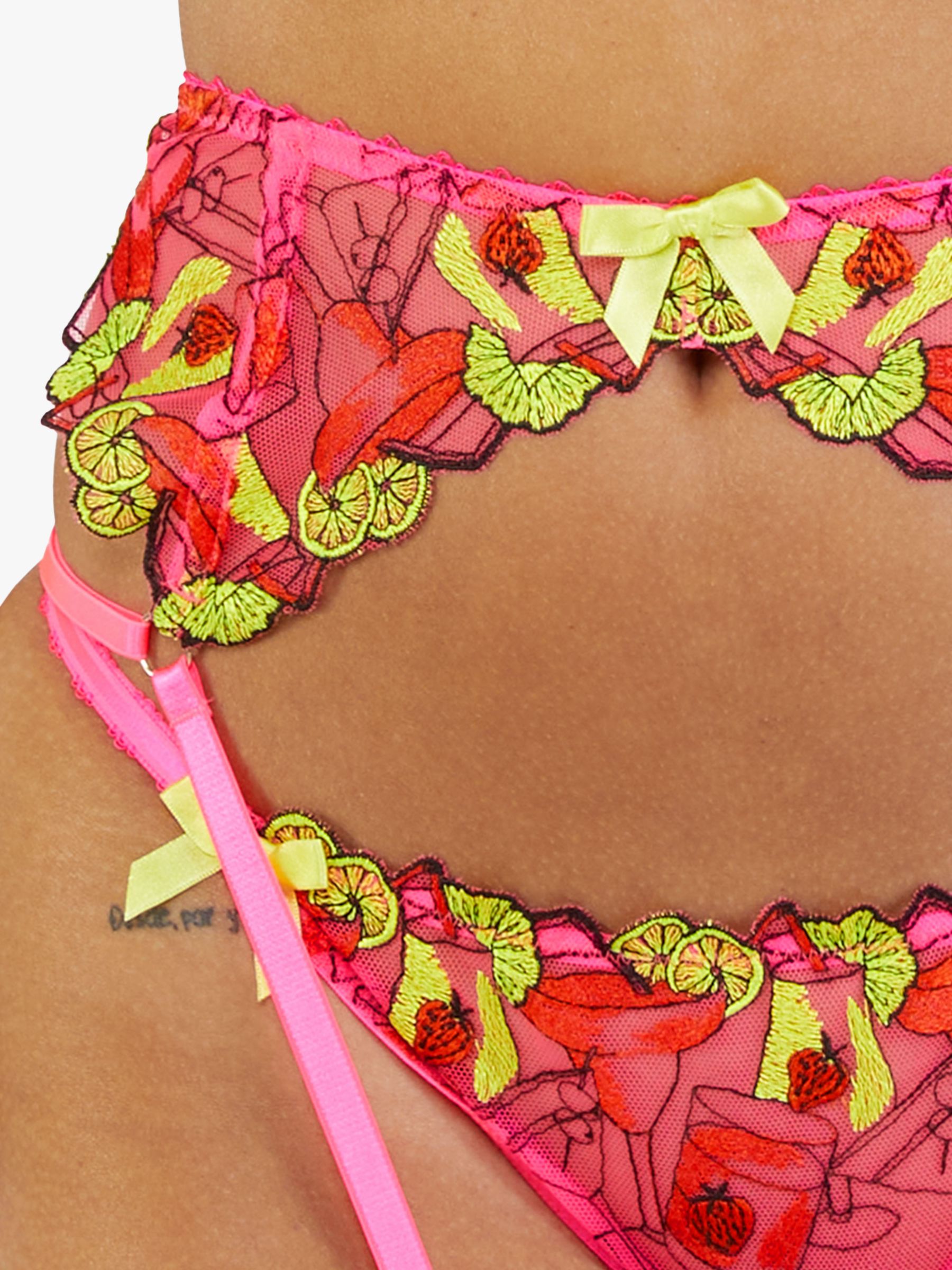 Playful Promises Magda Neon Cocktail Embroidery Suspender Belt, Pink/Multi  at John Lewis & Partners