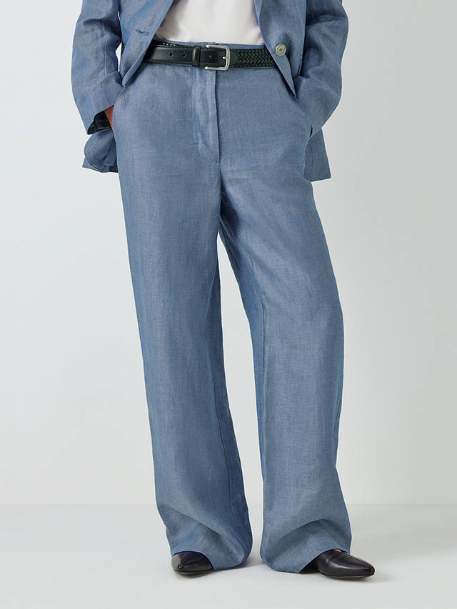 John Lewis Straight Fit Linen Trousers, Blue Twill