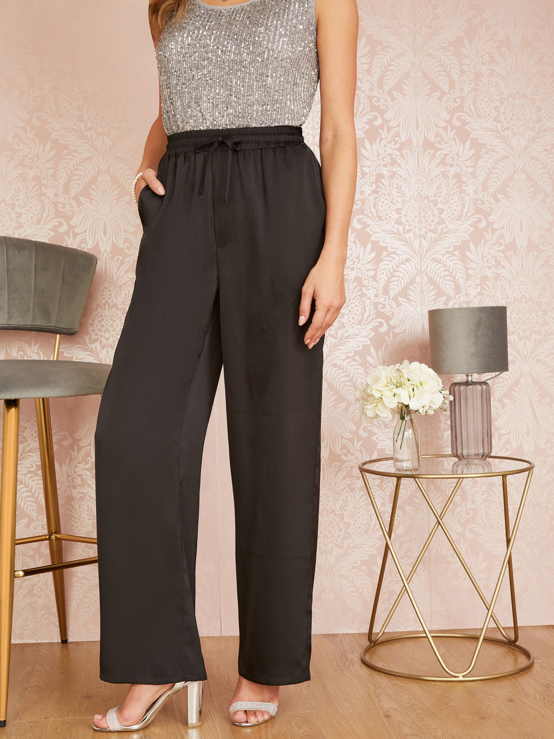 Yumi Satin Relaxed Trousers, Black, 8