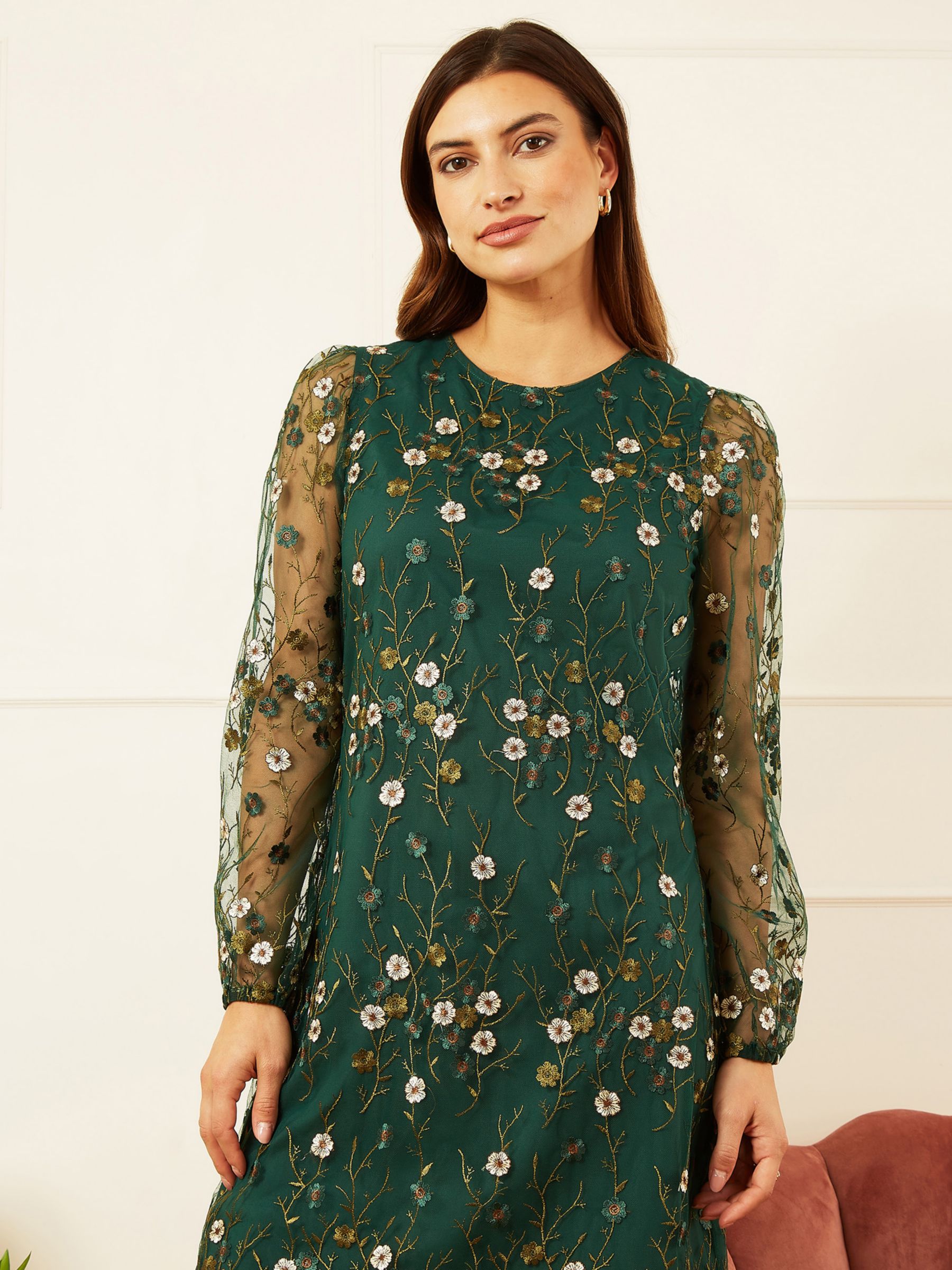 Yumi Embroidered Floral Tunic Dress, Green, 8