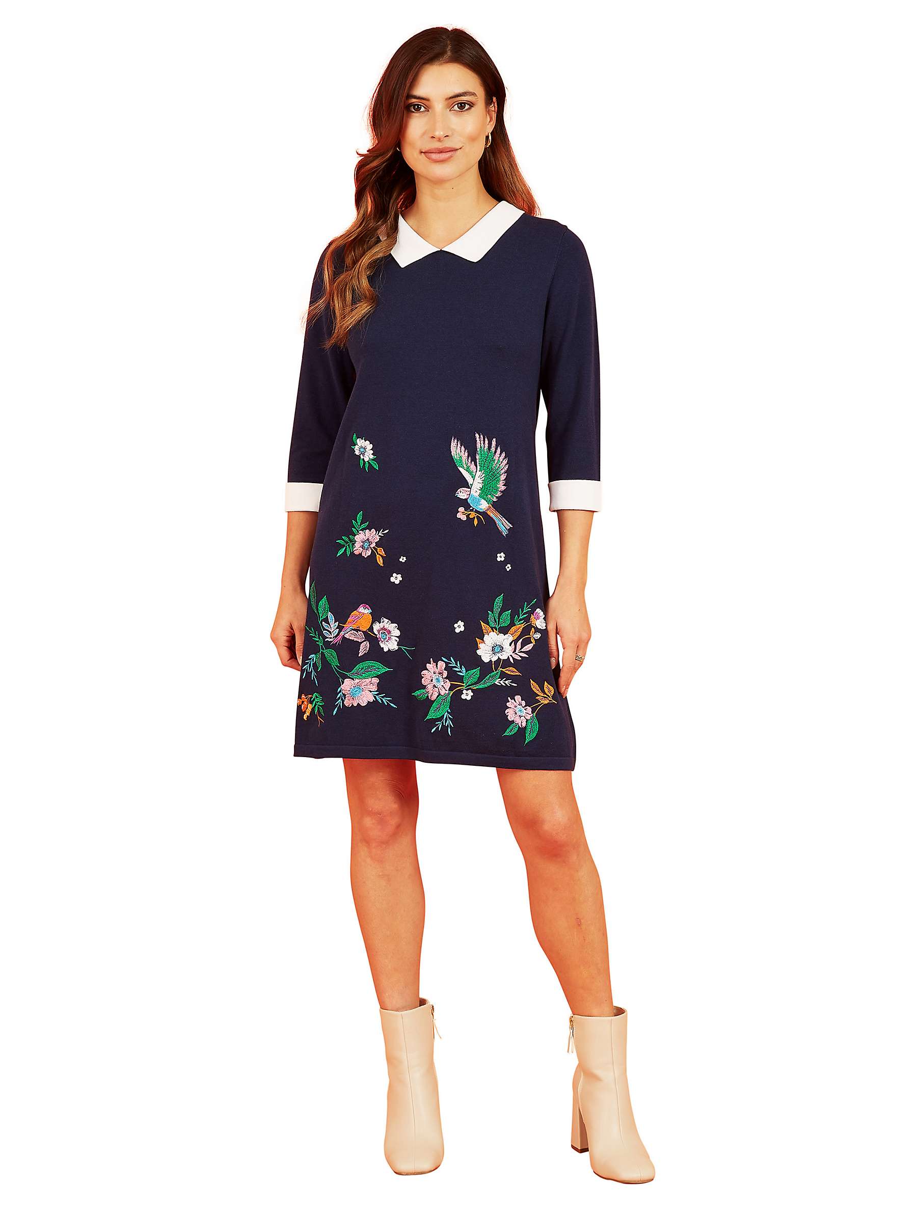 Buy Yumi Embroidered Knitted Peter Pan Dress, Navy Online at johnlewis.com
