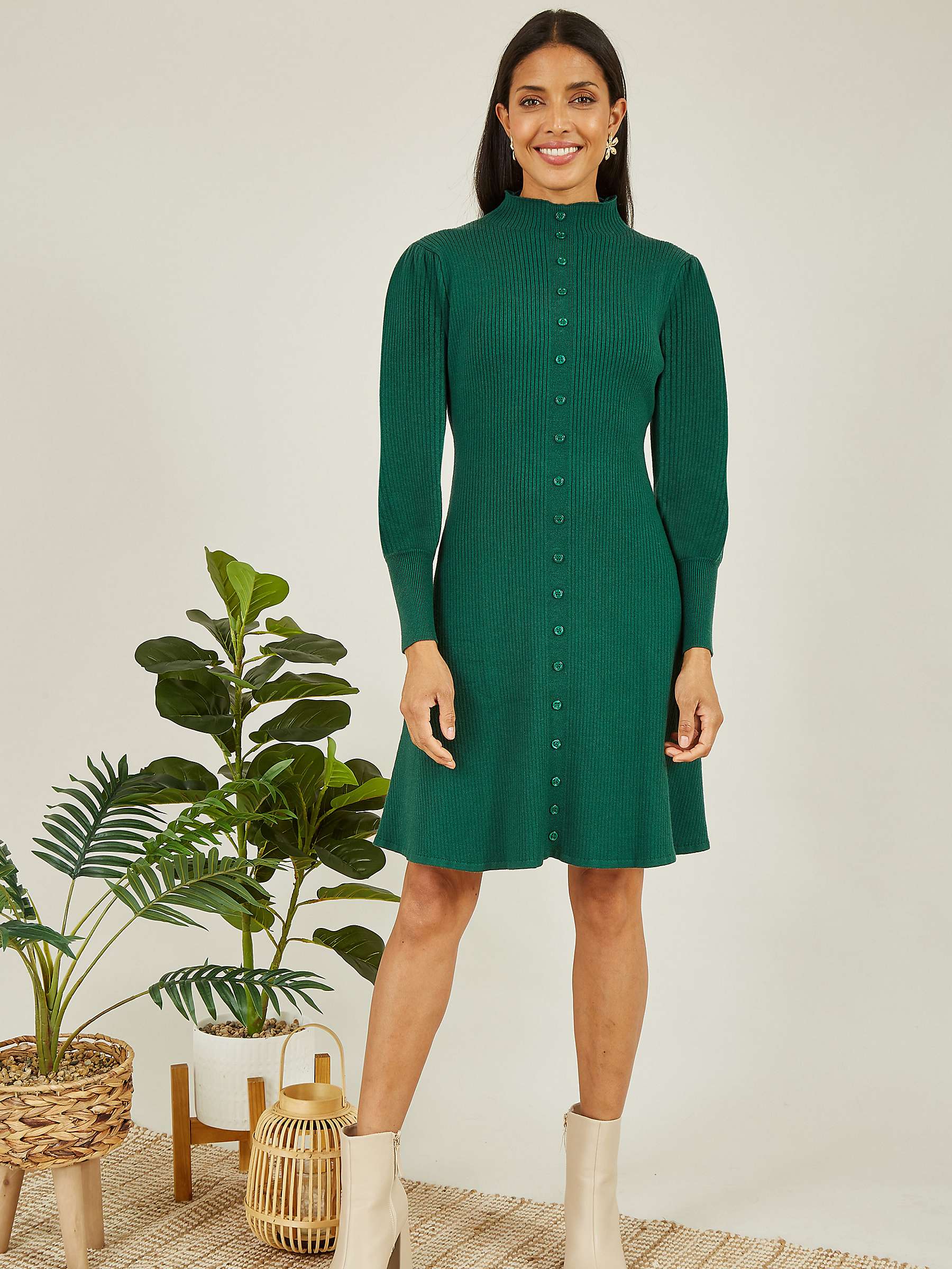 Buy Yumi Knitted Button Up Knee Length Dress, Green Online at johnlewis.com