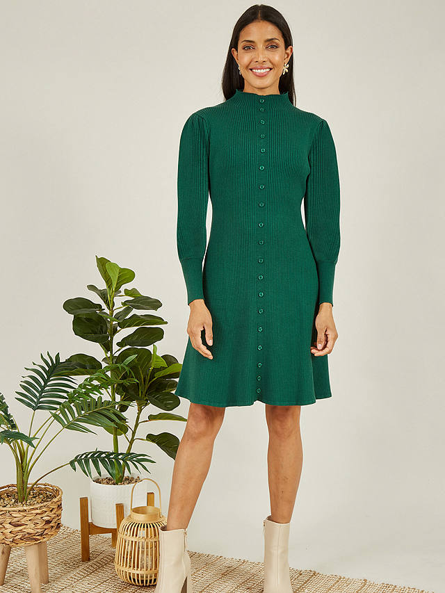 Yumi Knitted Button Up Knee Length Dress, Green