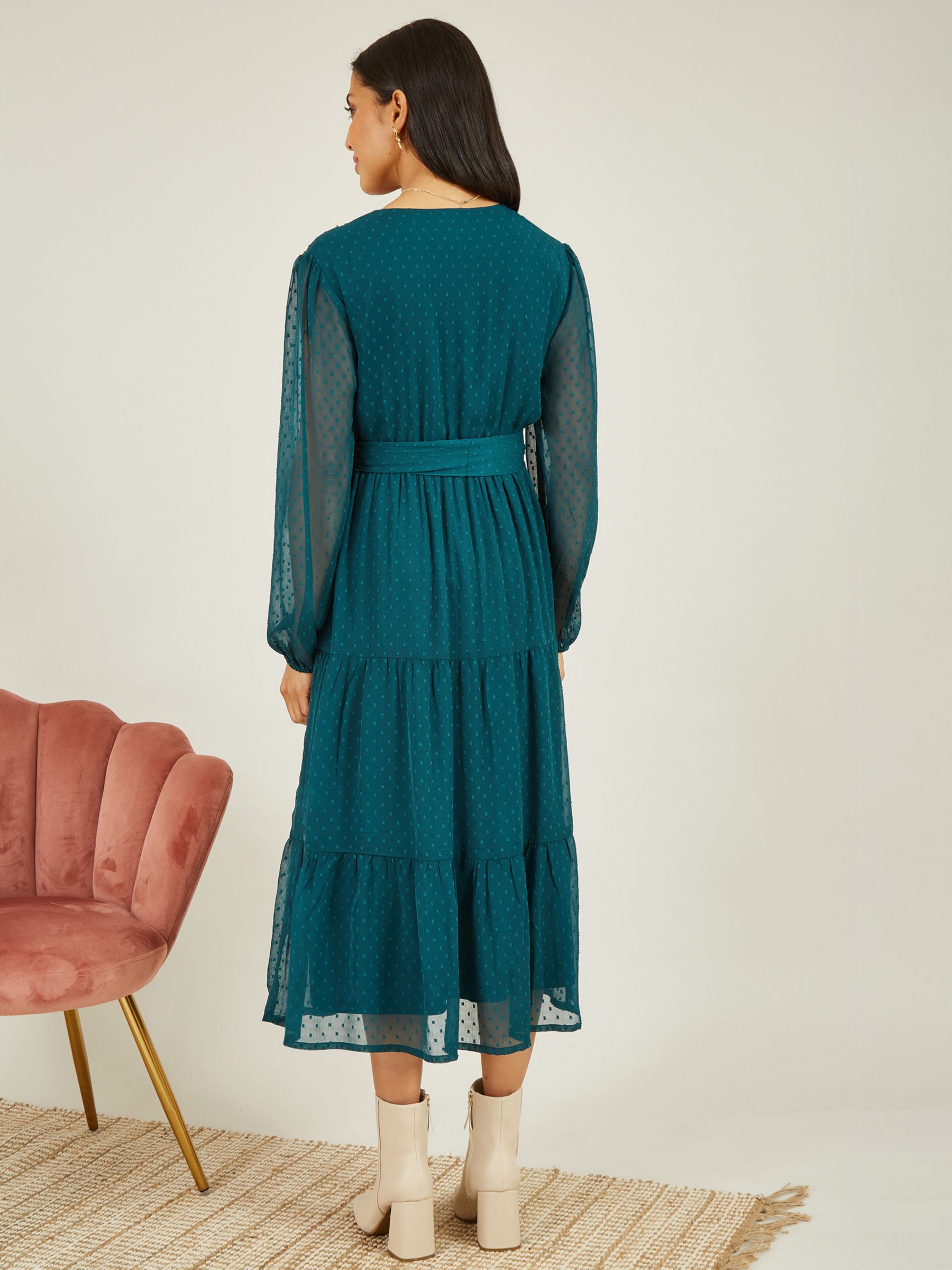 Buy Yumi Dobby Recycled Spot Long Sleeve Midi Wrap Dress, Green Online at johnlewis.com