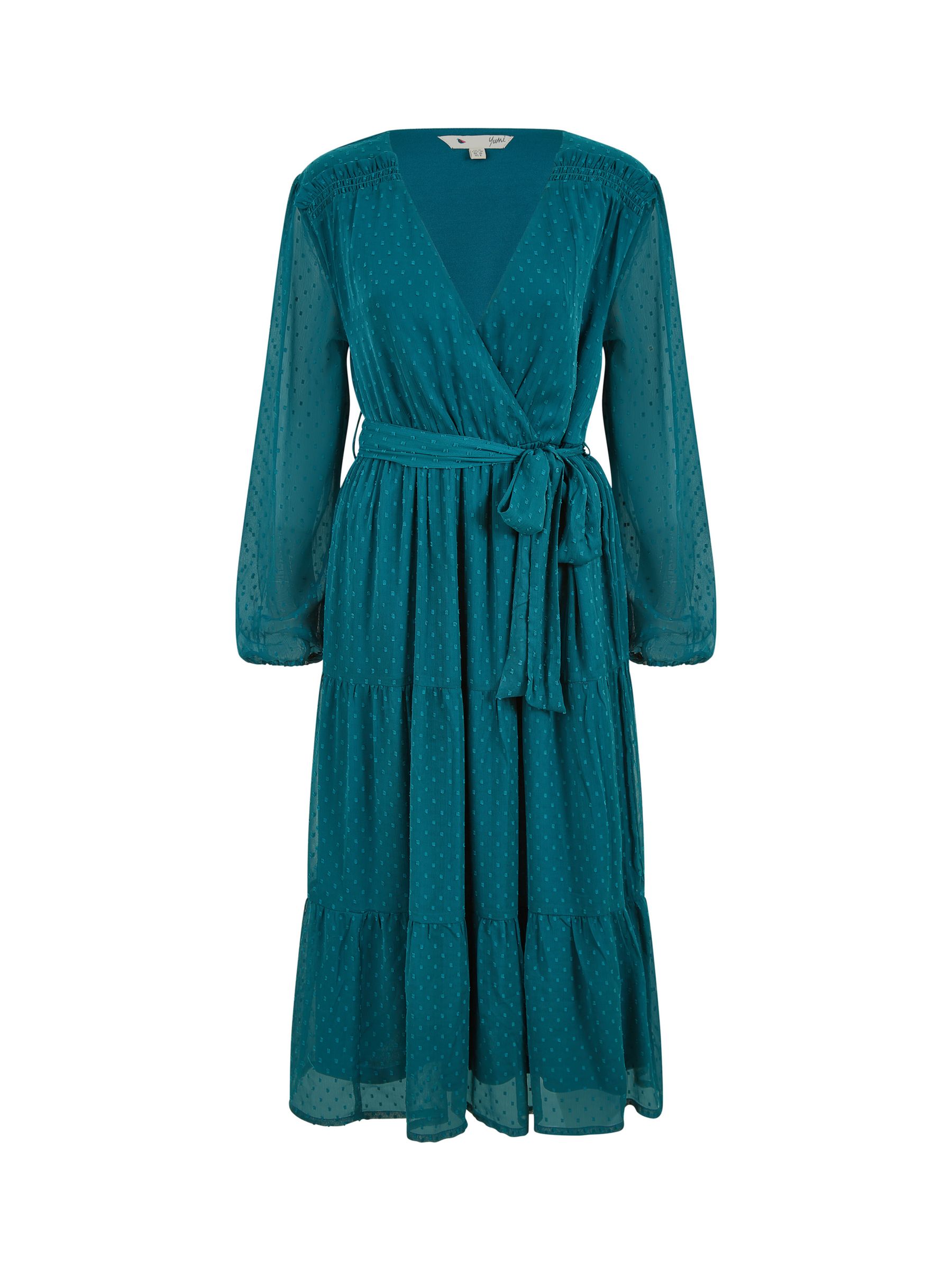 Buy Yumi Dobby Recycled Spot Long Sleeve Midi Wrap Dress, Green Online at johnlewis.com