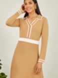 Yumi Contrast Collar Knitted Dress, Camel