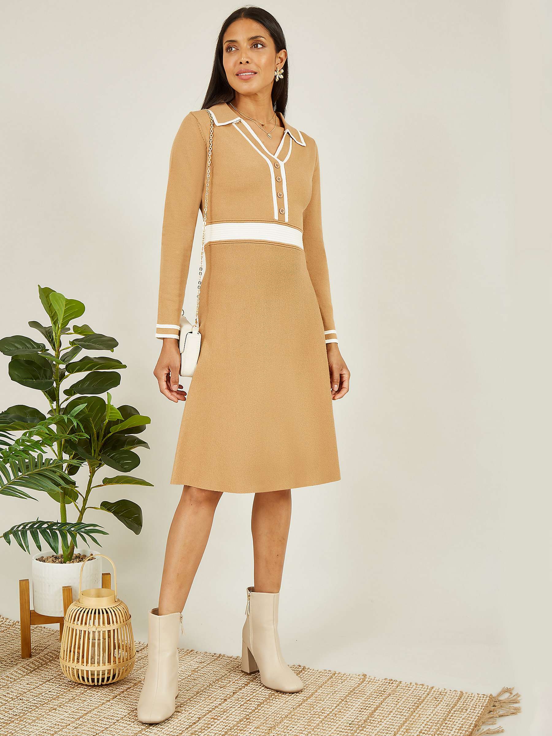 Buy Yumi Contrast Collar Knitted Dress, Camel Online at johnlewis.com