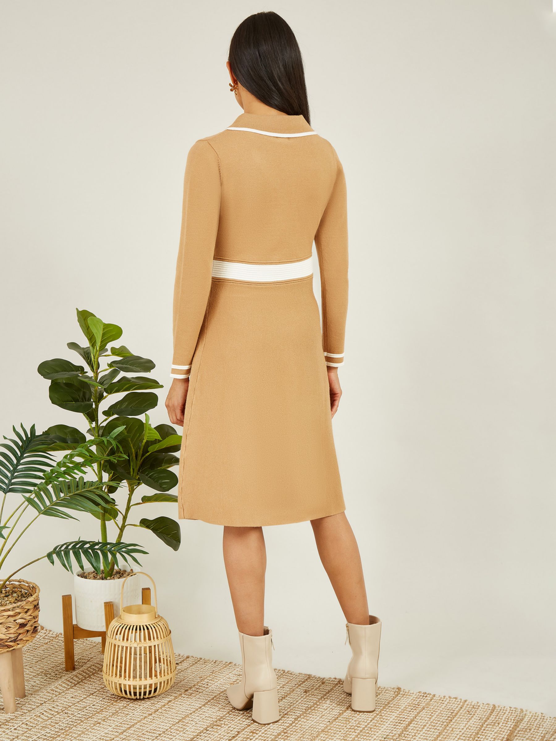 Yumi Contrast Collar Knitted Dress, Camel, M