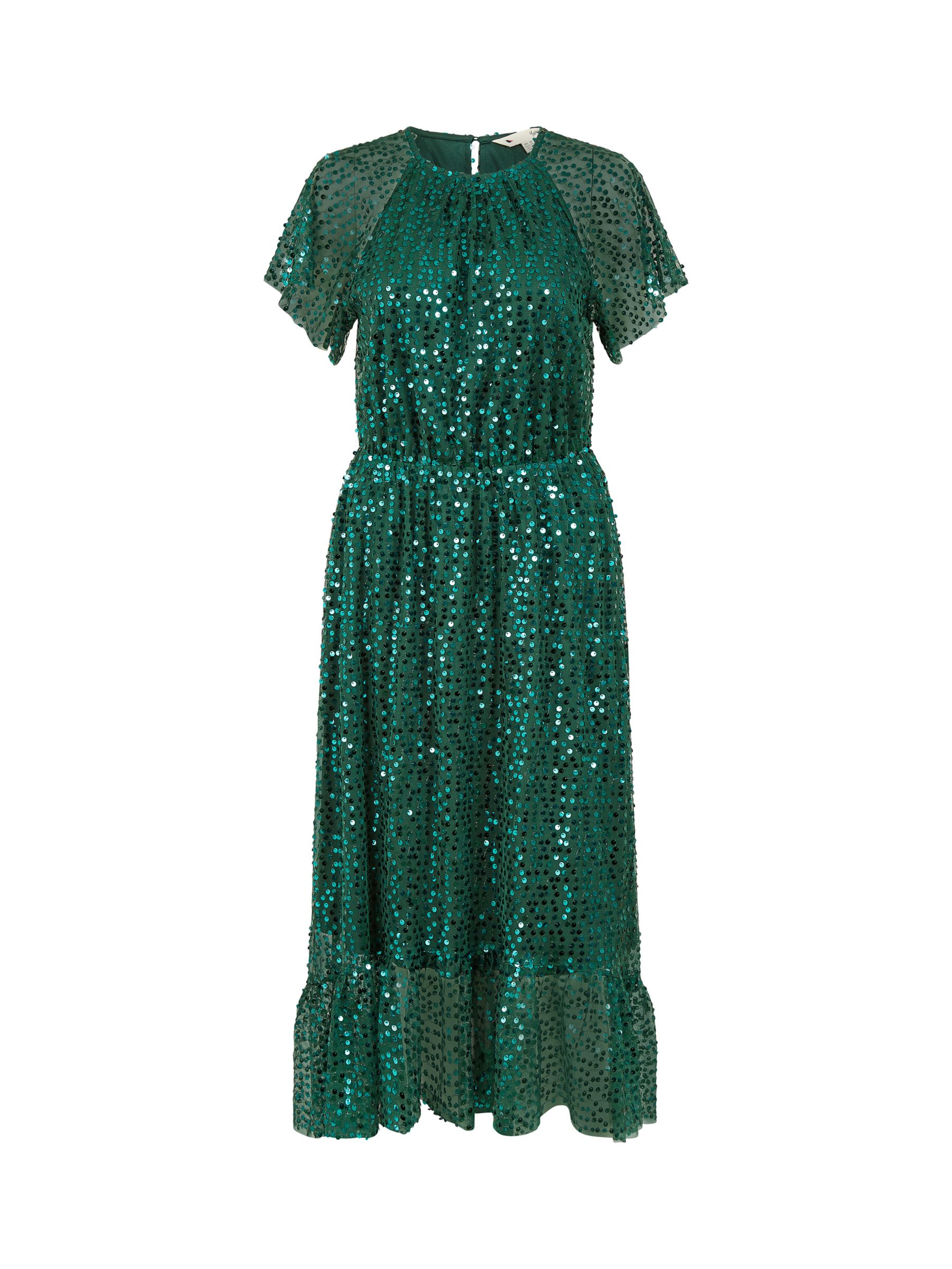 Yumi Sequin Angel Sleeve Midi Dress, Green at John Lewis & Partners