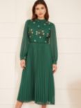 Yumi Embroidered Long Sleeve Pleated Midi Dress, Green