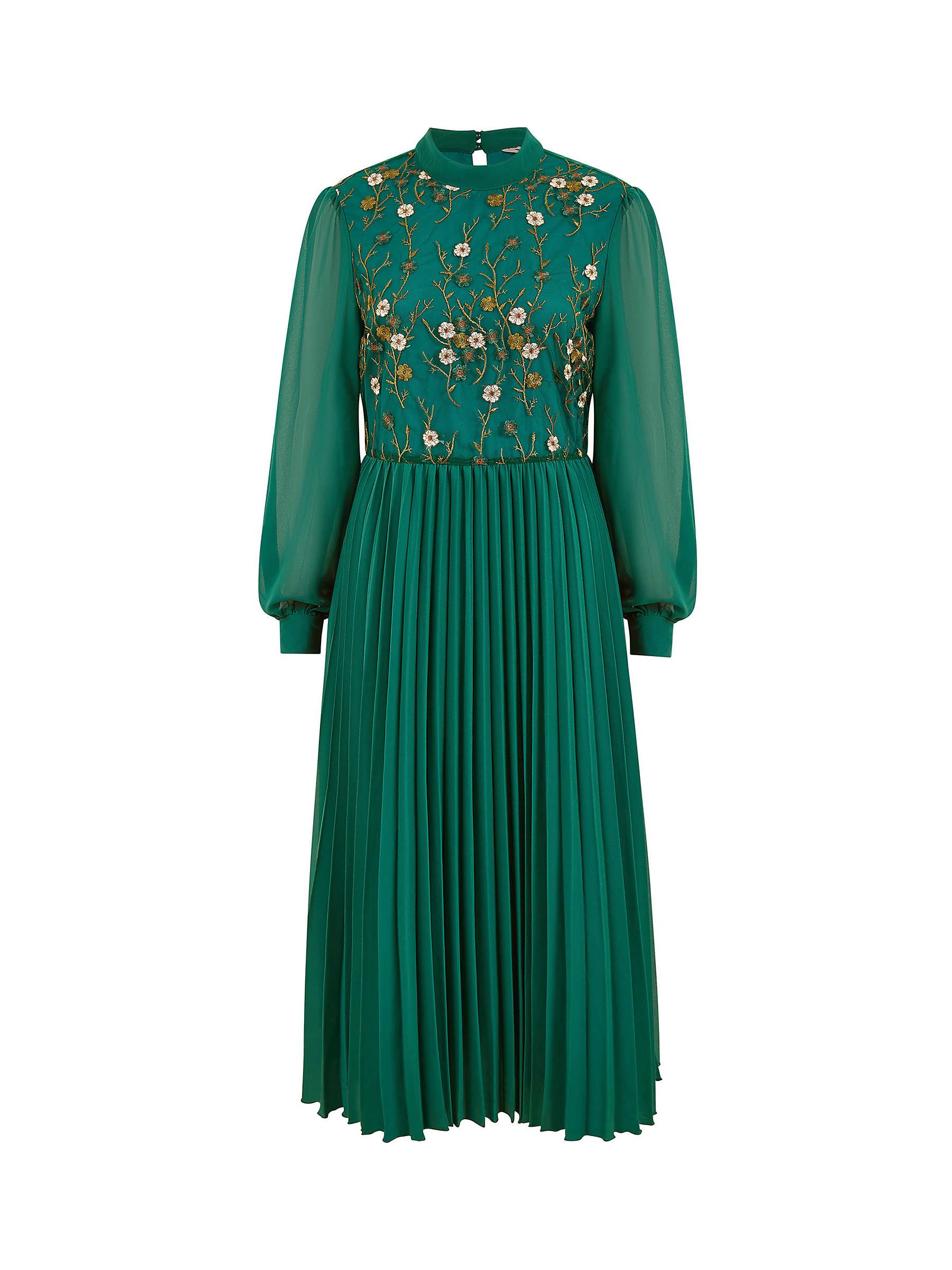 Yumi Embroidered Long Sleeve Pleated Midi Dress, Green at John Lewis ...