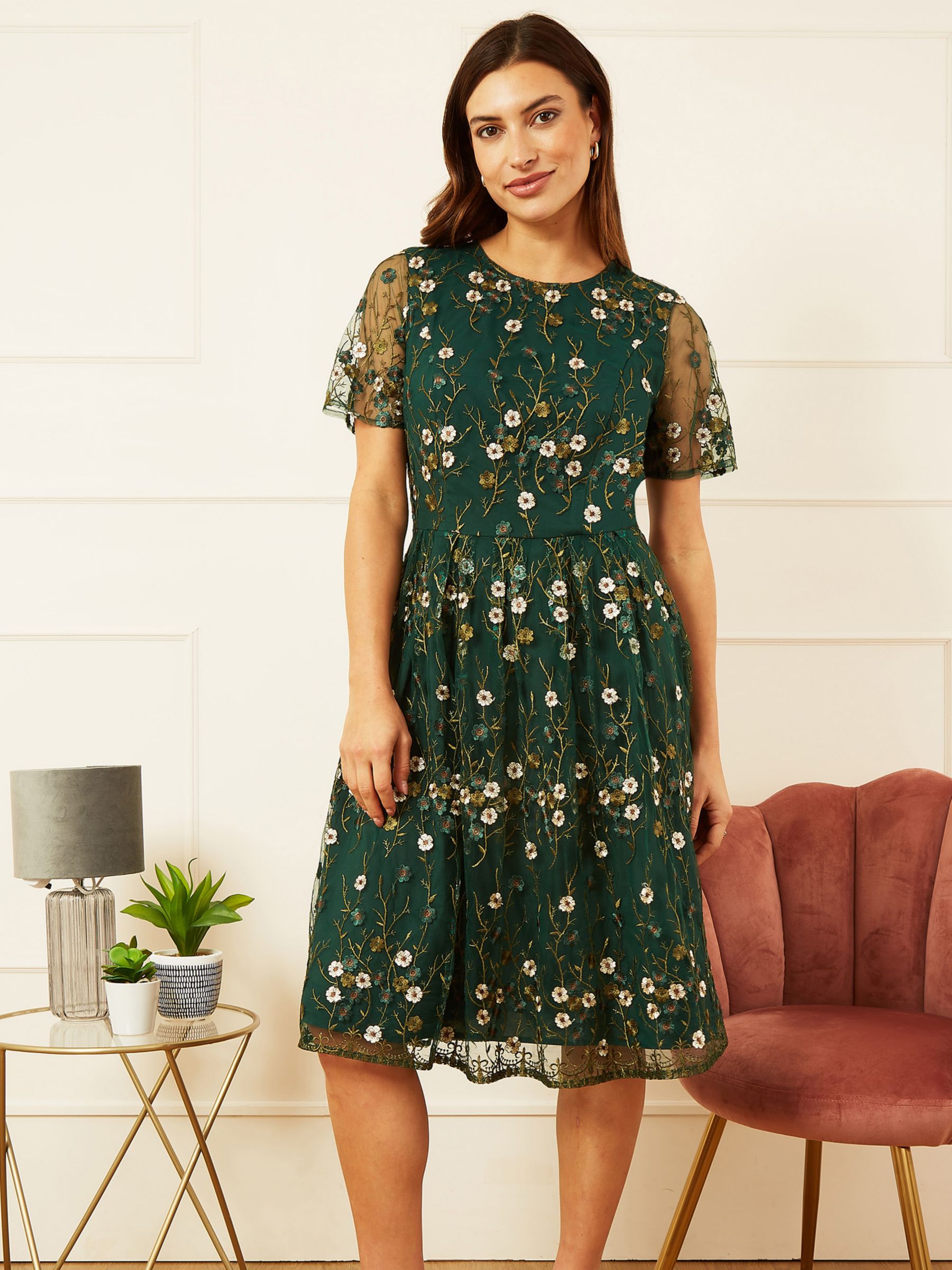 Yumi Embroidered Floral Skater Dress, Green