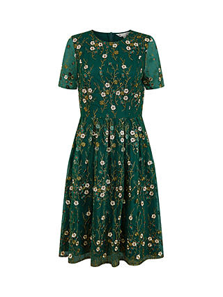 Yumi Embroidered Floral Skater Dress, Green