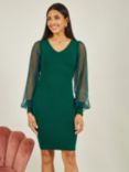 Yumi Knitted Bodycon Chiffon Sleeve Dress, Green