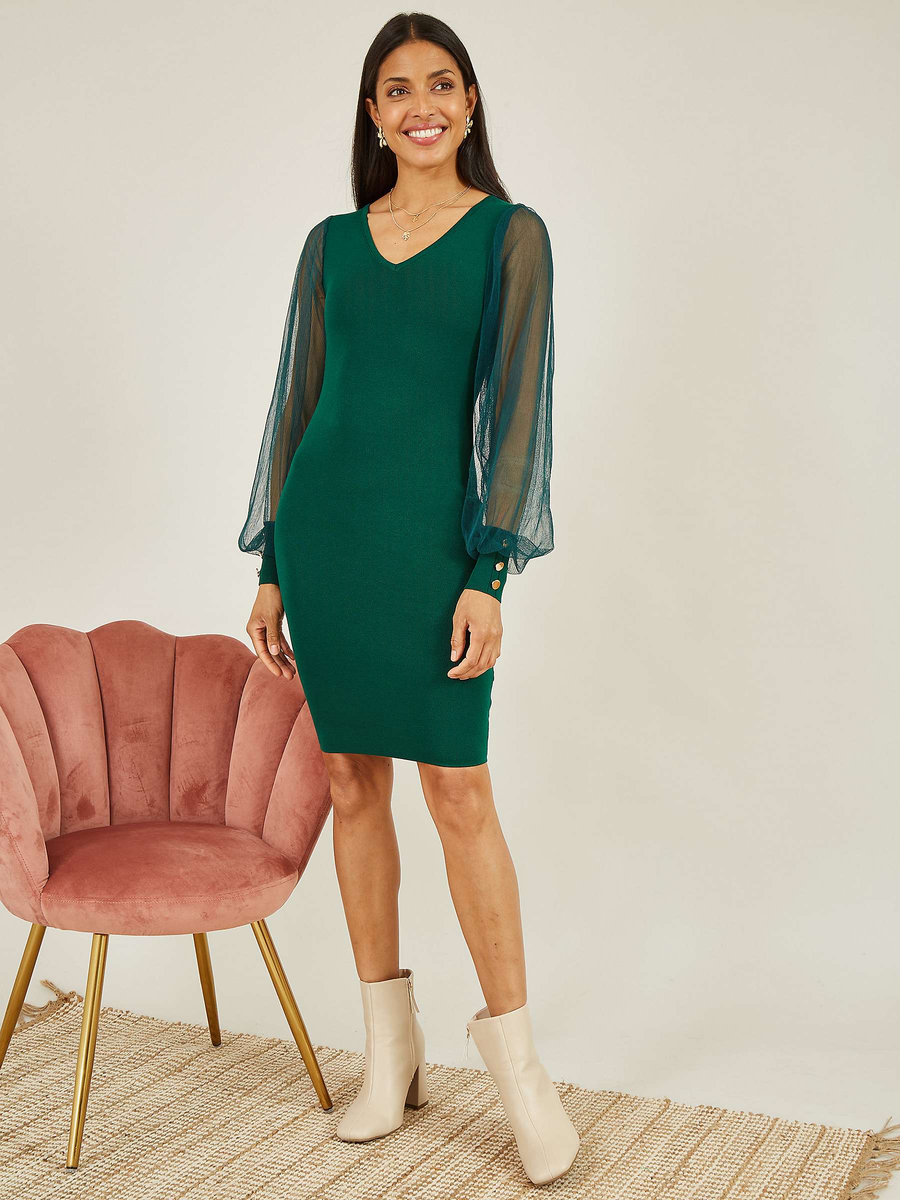 Buy Yumi Knitted Bodycon Chiffon Sleeve Dress, Green Online at johnlewis.com