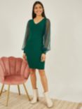 Yumi Knitted Bodycon Chiffon Sleeve Dress, Green