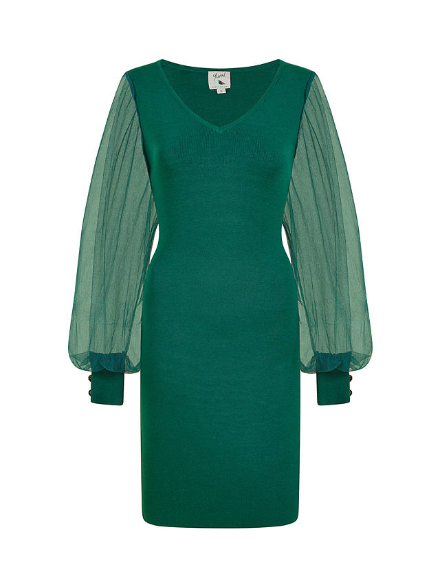 Yumi Knitted Bodycon Chiffon Sleeve Dress, Green