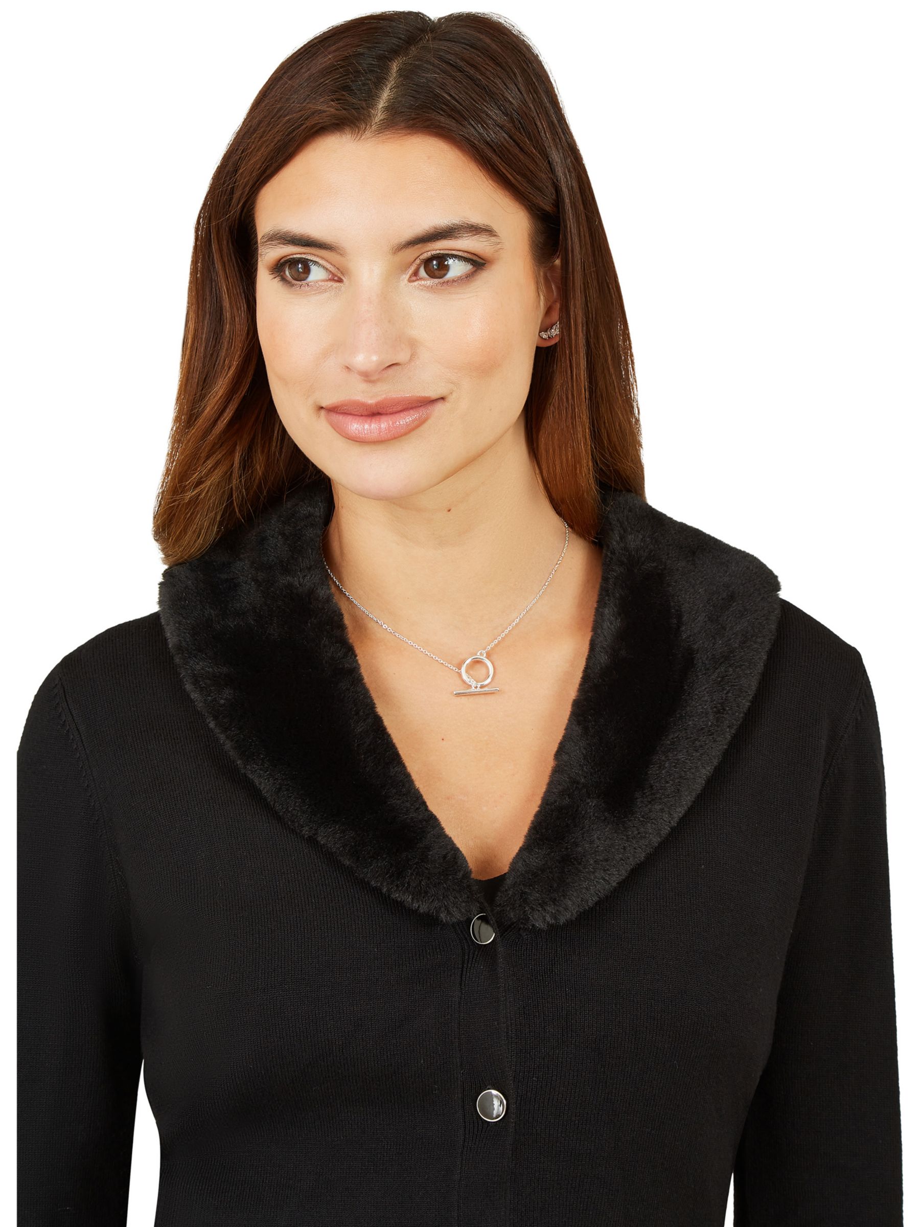 Yumi Faux Fur Collar Cropped Cardigan, Black, M