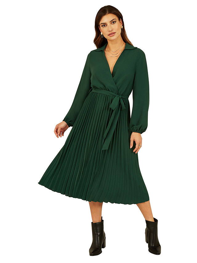 Yumi Mela London Long Sleeve Wrap Pleated Midi Dress, Green