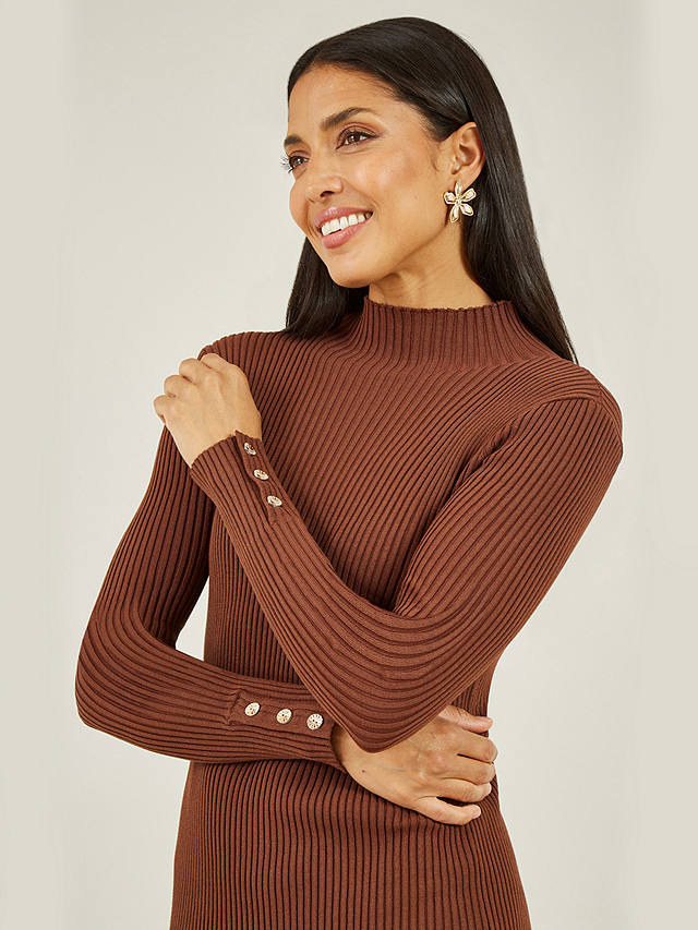 Yumi Mela London Knitted Fitted Midi Dress, Brown