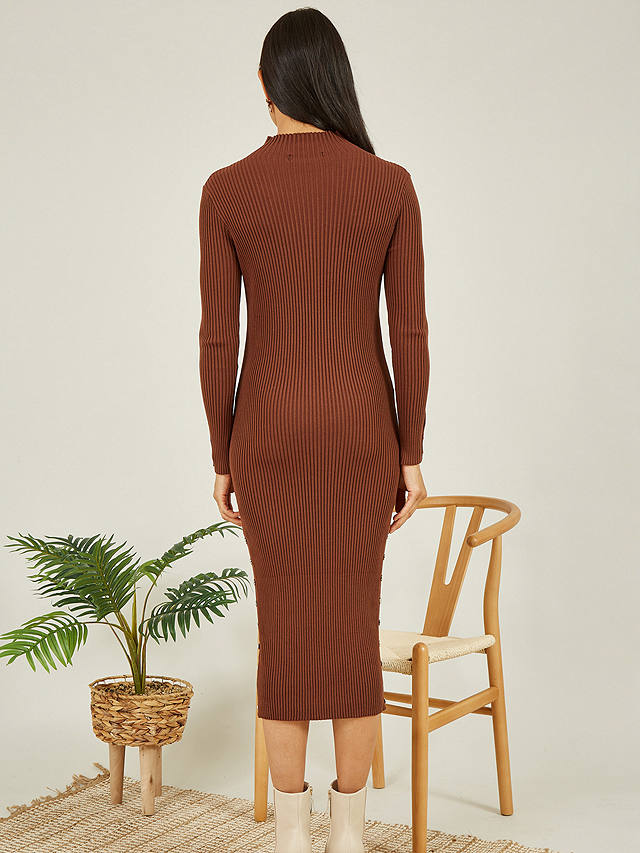 Yumi Mela London Knitted Fitted Midi Dress, Brown