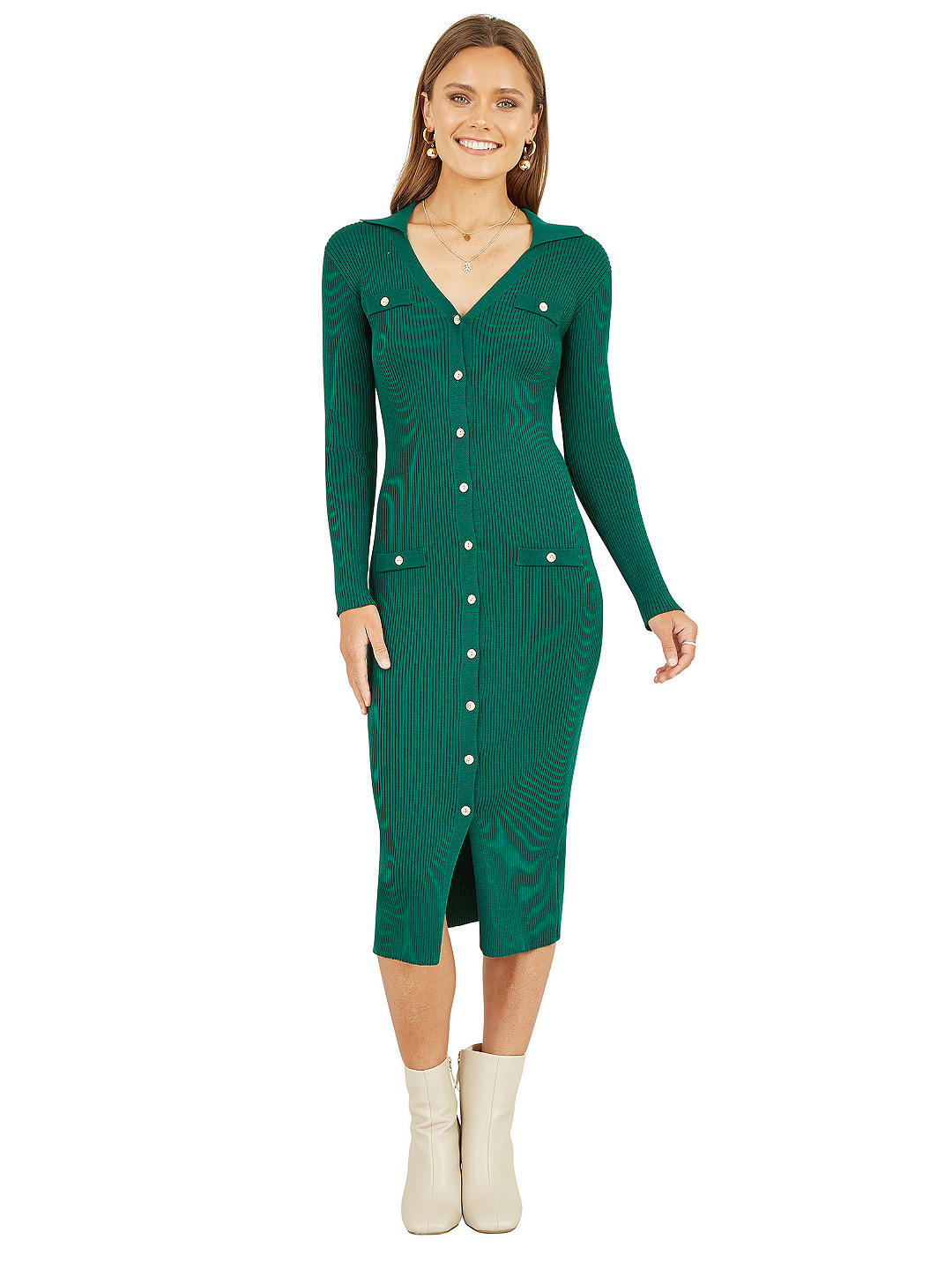 Yumi Mela London Knitted Fitted Midi Dress, Green