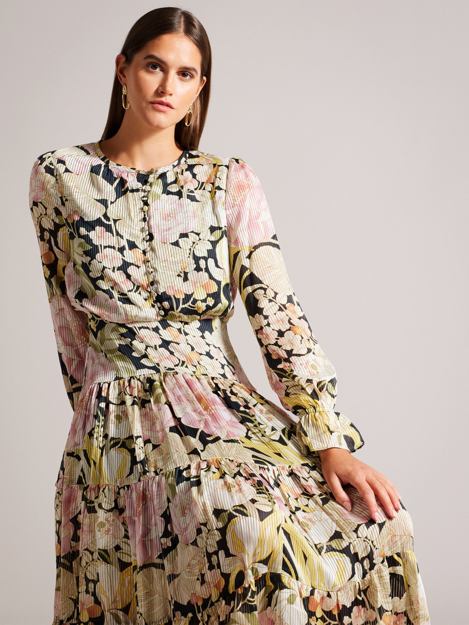 Ted Baker Adeliaa Button Up Tiered Midi Dress, Multi at John Lewis ...