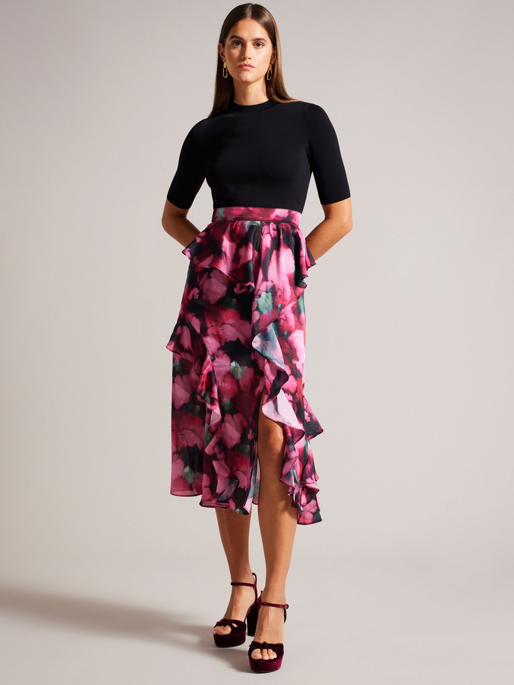 Ted Baker Darcia Ruffle Midi Skirt, Black/Multi