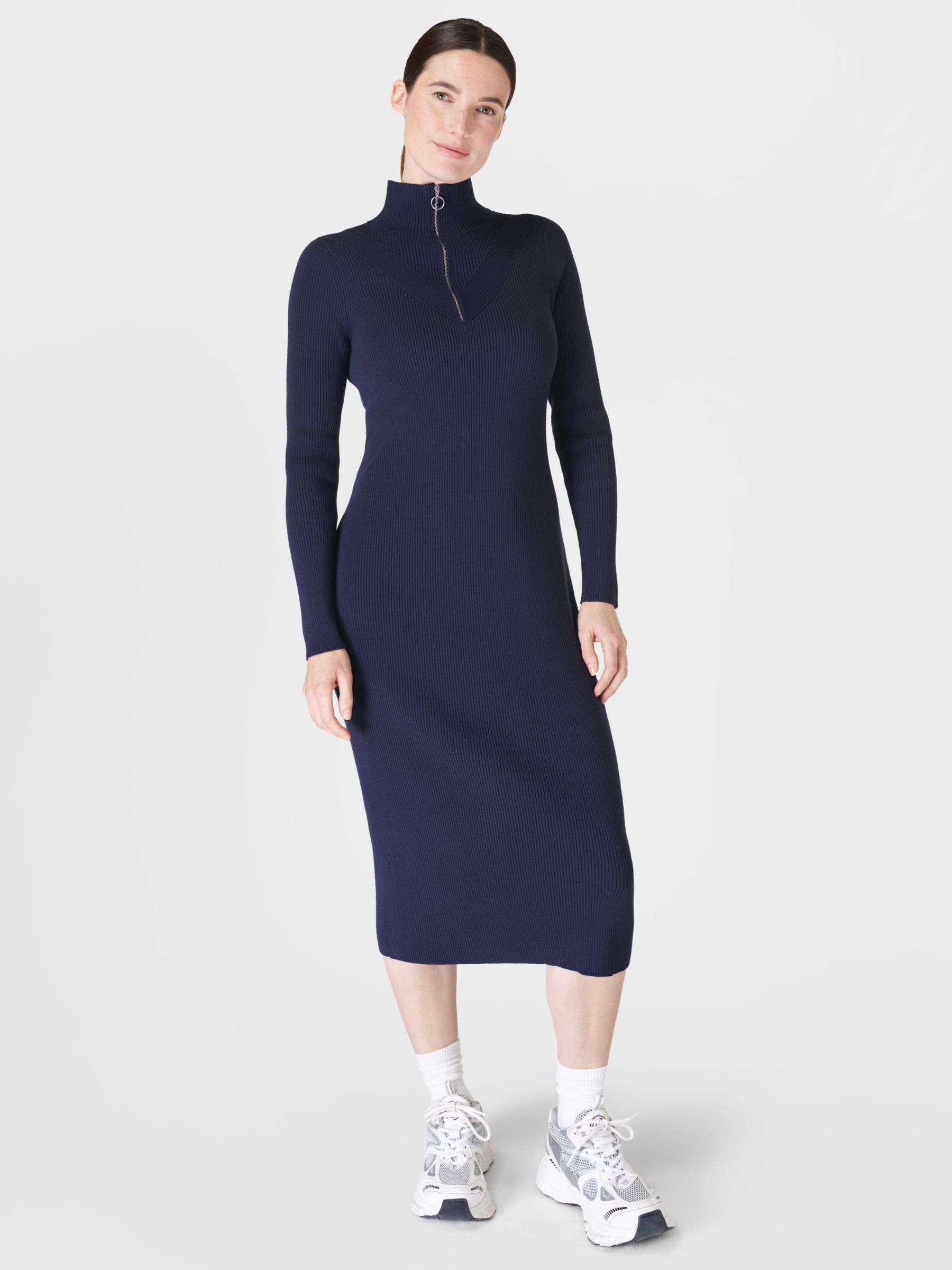 Sweaty Betty Frame Knit Midi Dress, Navy Blue at John Lewis & Partners