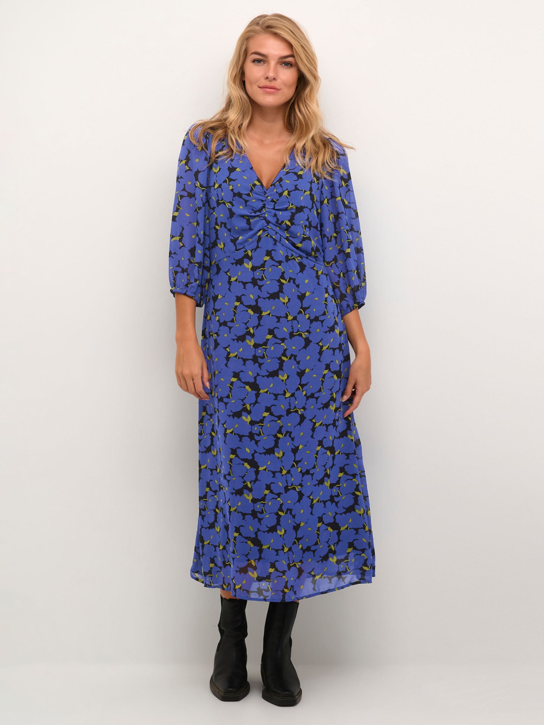 KAFFE Chris 3/4 Sleeve Midi Dress, Clematis Blue Flower, 8