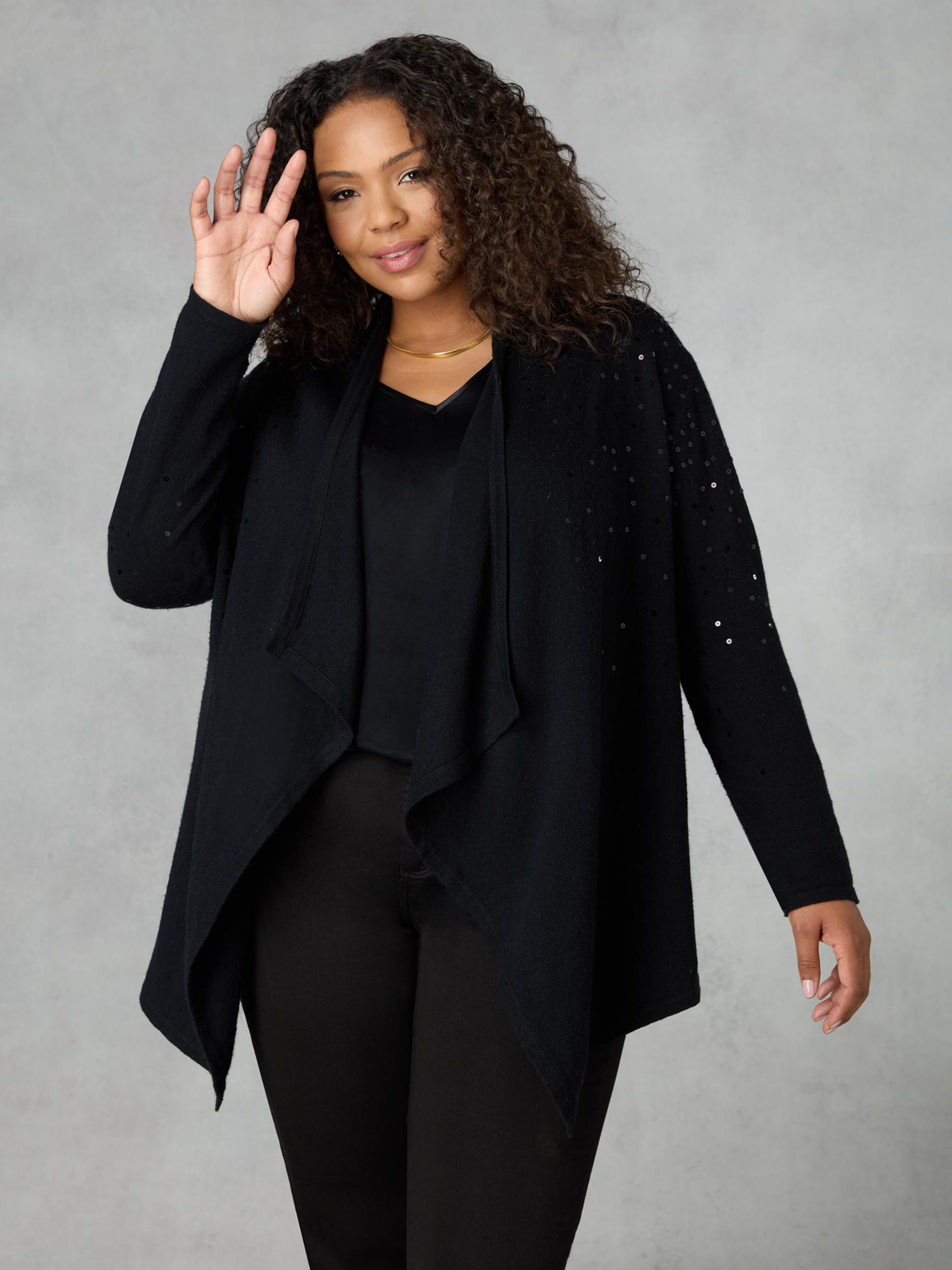 Live Unlimited Curve Sequin Cashmere Blend Waterfall Cardigan, Black